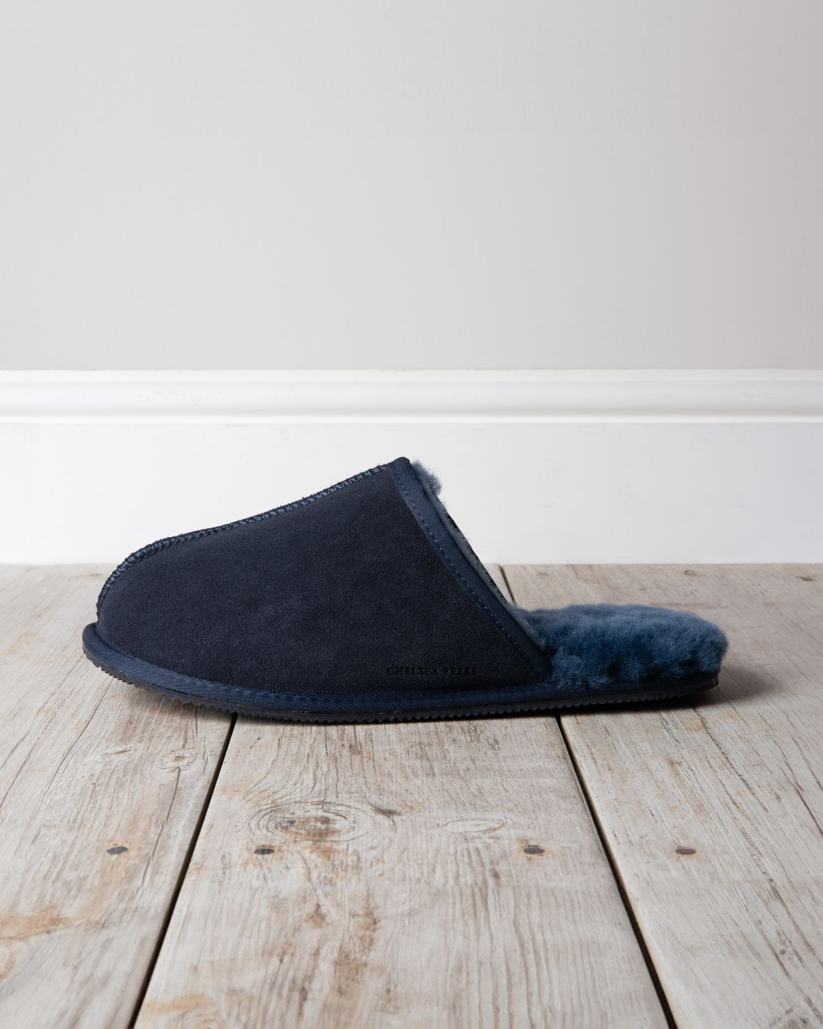 Mens Suede Sheepskin Mule Slippers - Navy