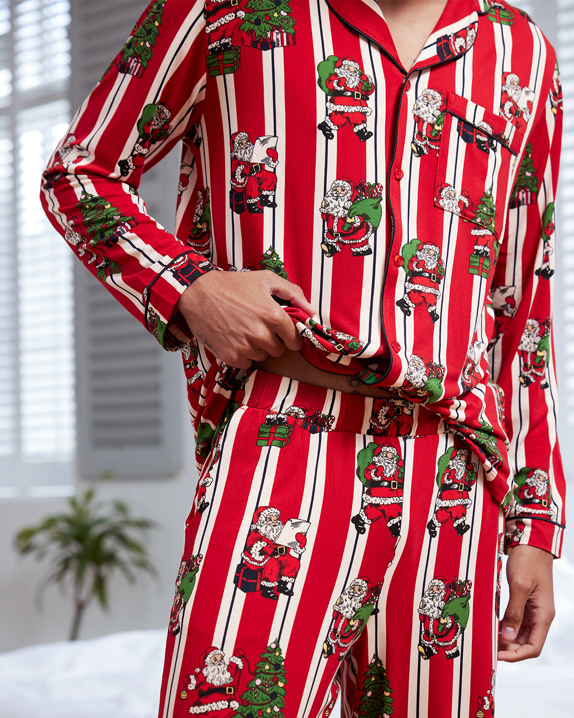 Christmas Santa Stripe Print Long Pyjama Set