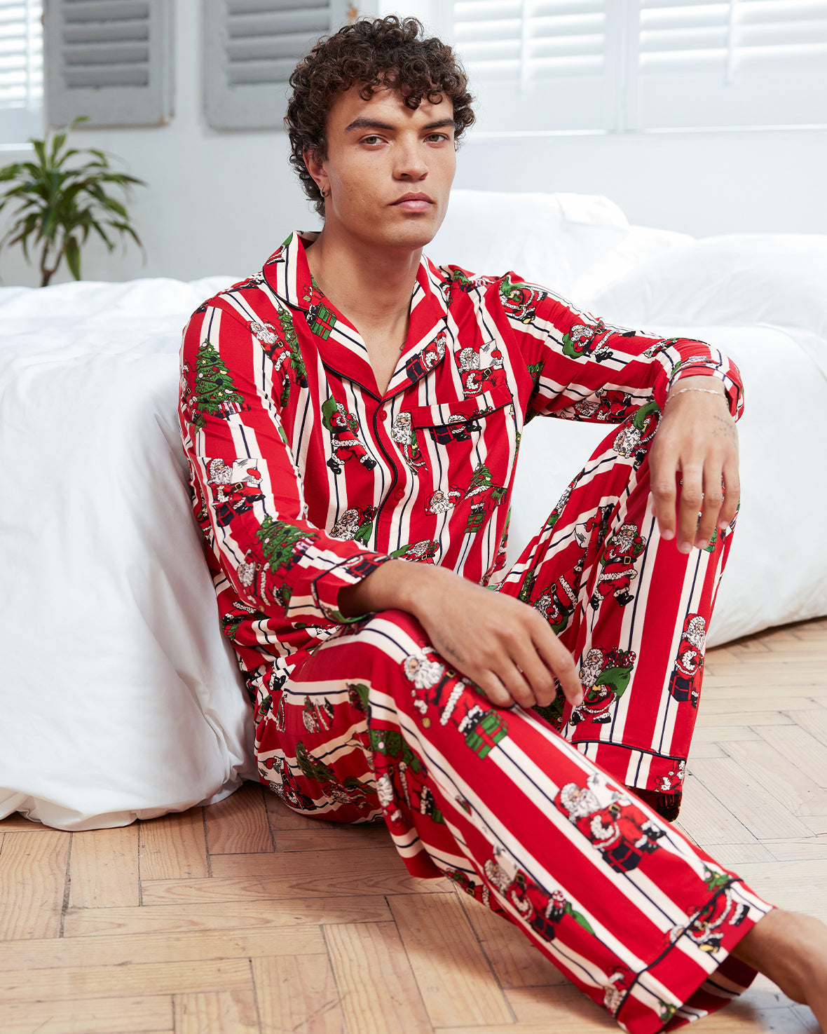 Christmas Santa Stripe Print Long Pyjama Set