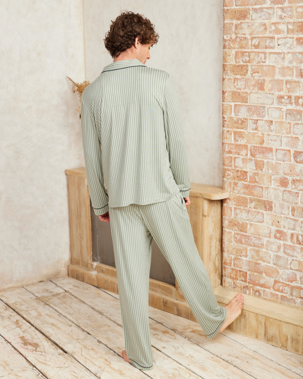 Stripe Button Up Long Pyjama Set - Sage