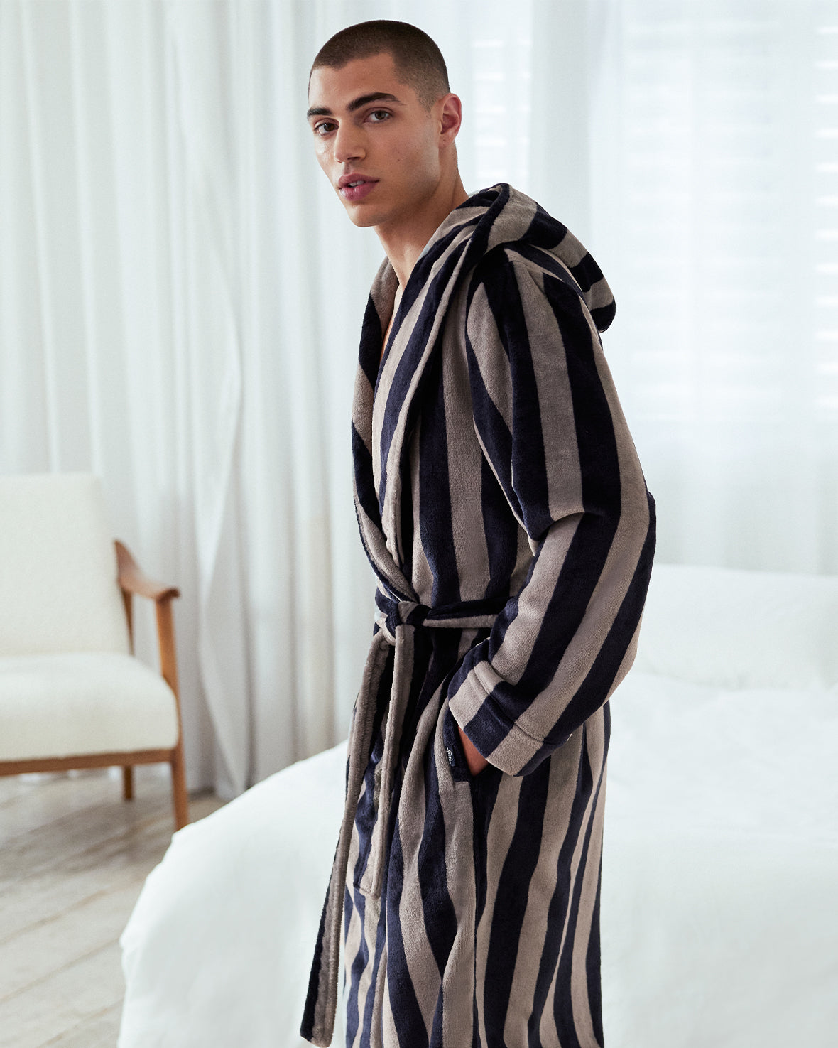 Fleece Stripe Dressing Gown - Navy