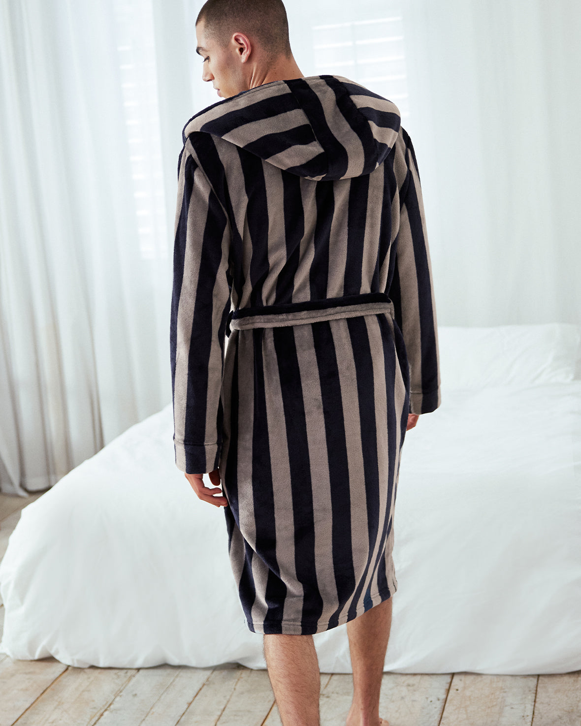 Fleece Stripe Dressing Gown - Navy