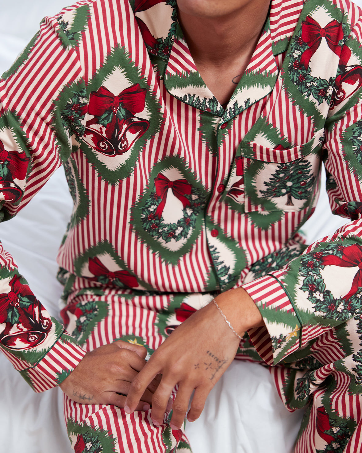 Organic Cotton Christmas Vintage Tree & Wreath Print Long Pyjama Set