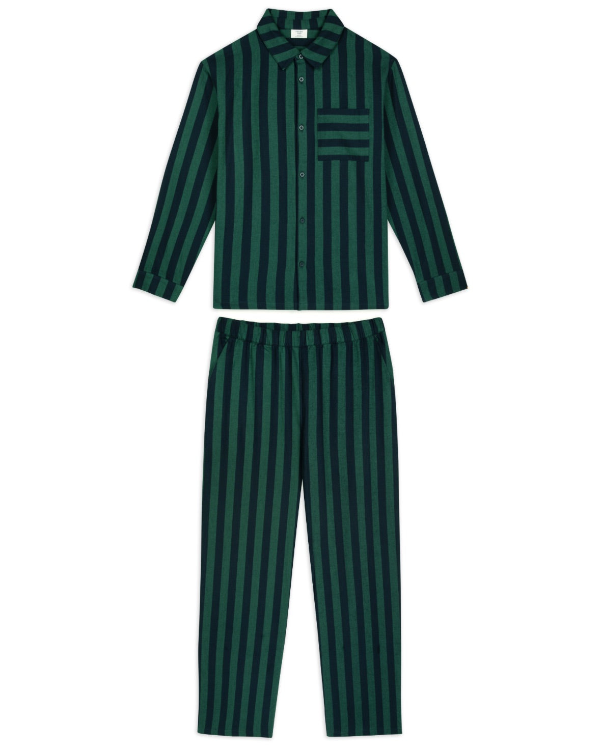 Organic Cotton Brushed Stripe Long Pyjama Set - Navy & Green