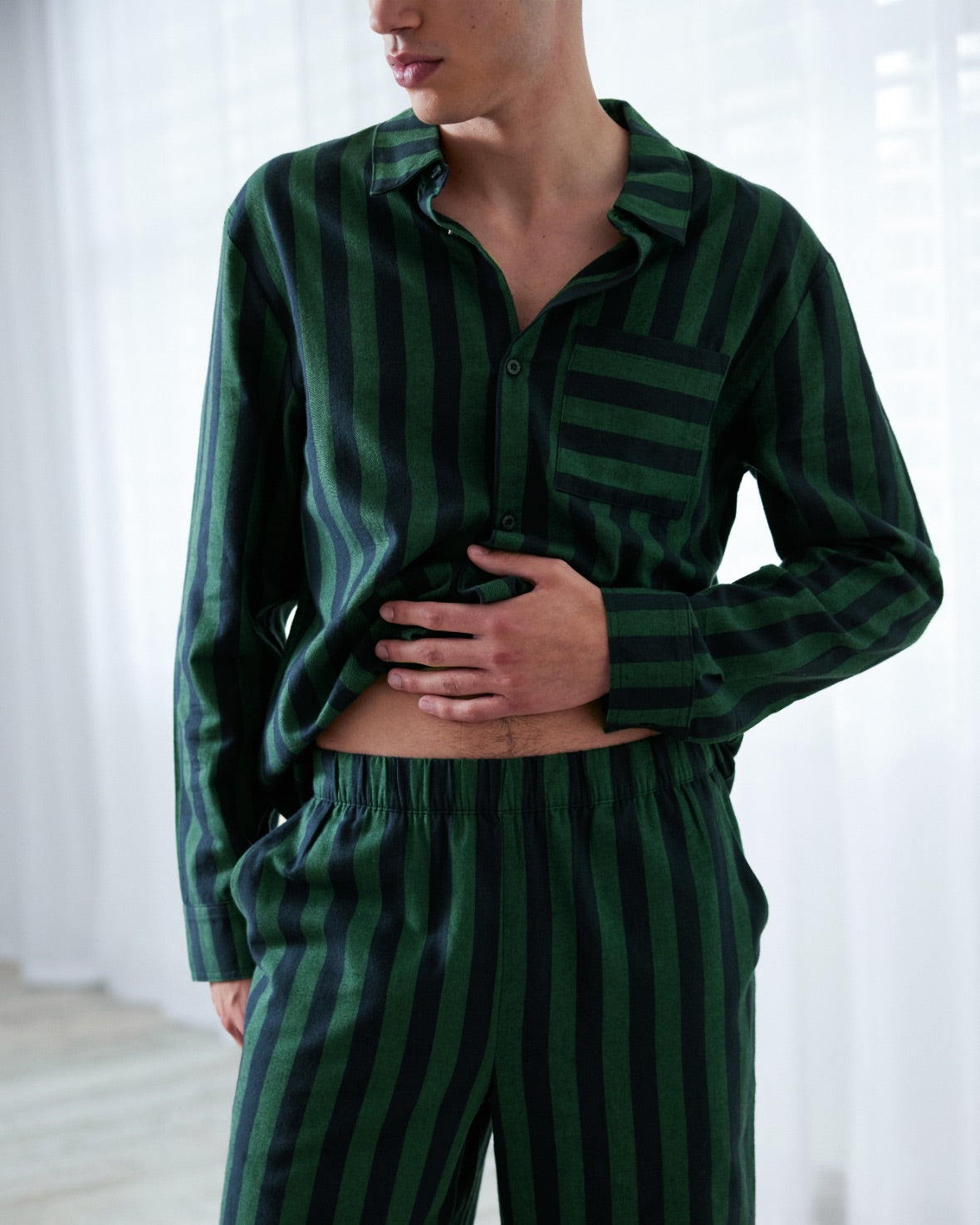 Organic Cotton Brushed Stripe Long Pyjama Set - Navy & Green