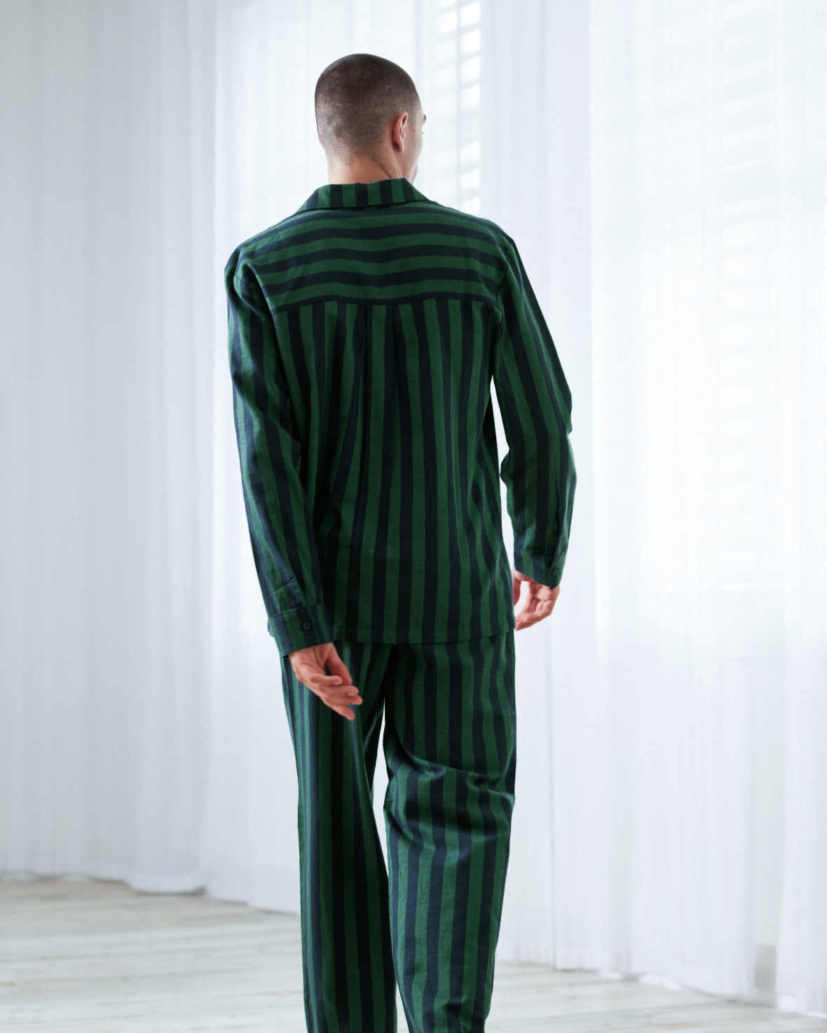 Organic Cotton Brushed Stripe Long Pyjama Set - Navy & Green