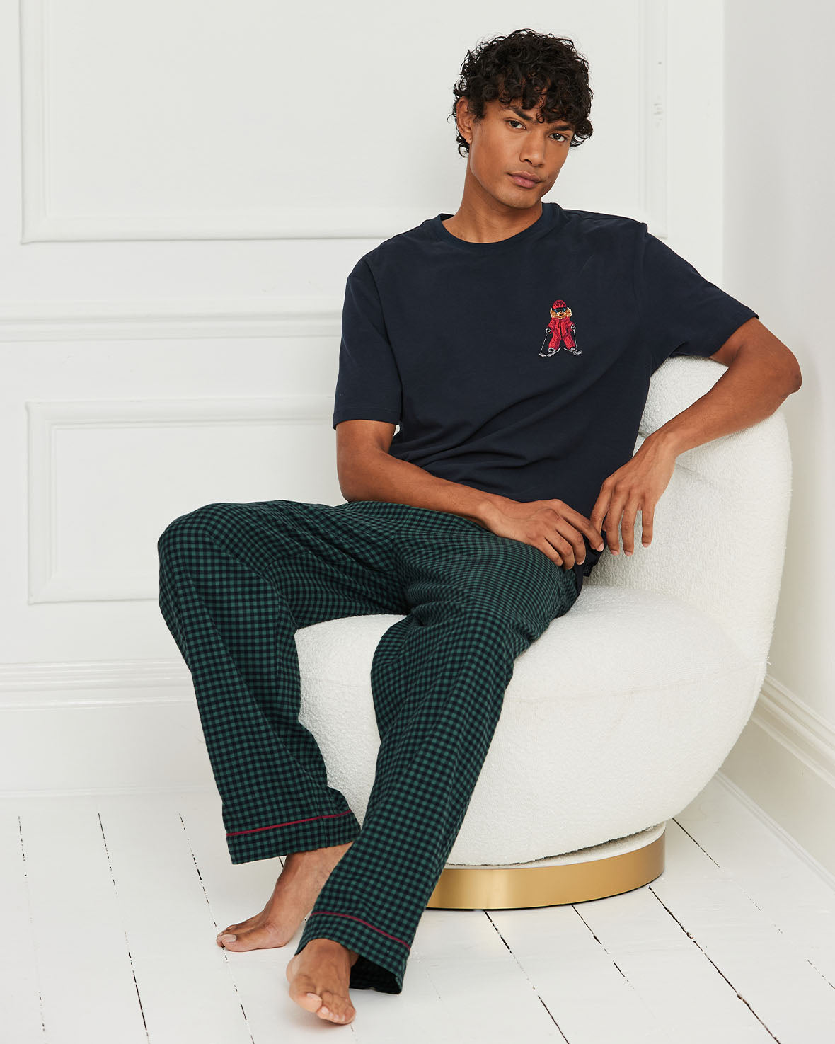 Organic Cotton Embroidered Skiing Chip the Cockapoo Gingham Long Pyjama Set - Green