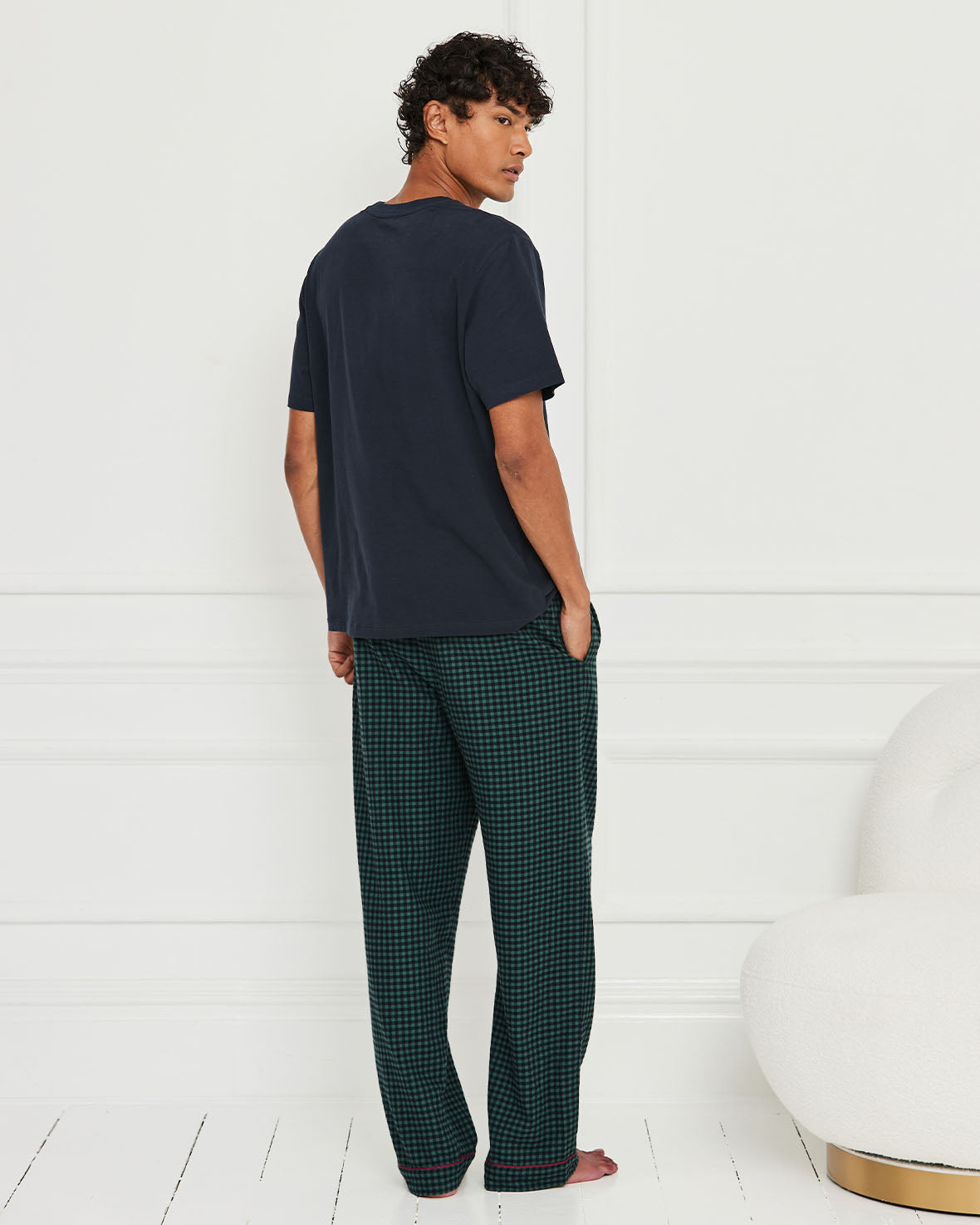 Organic Cotton Embroidered Skiing Chip the Cockapoo Gingham Long Pyjama Set - Green