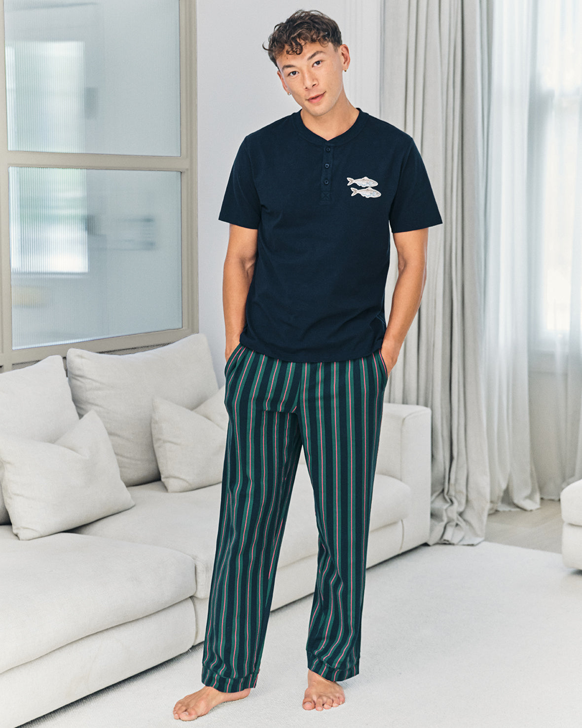 Organic Cotton Embroidered Fish Henley Stripe Long Pyjama Set
