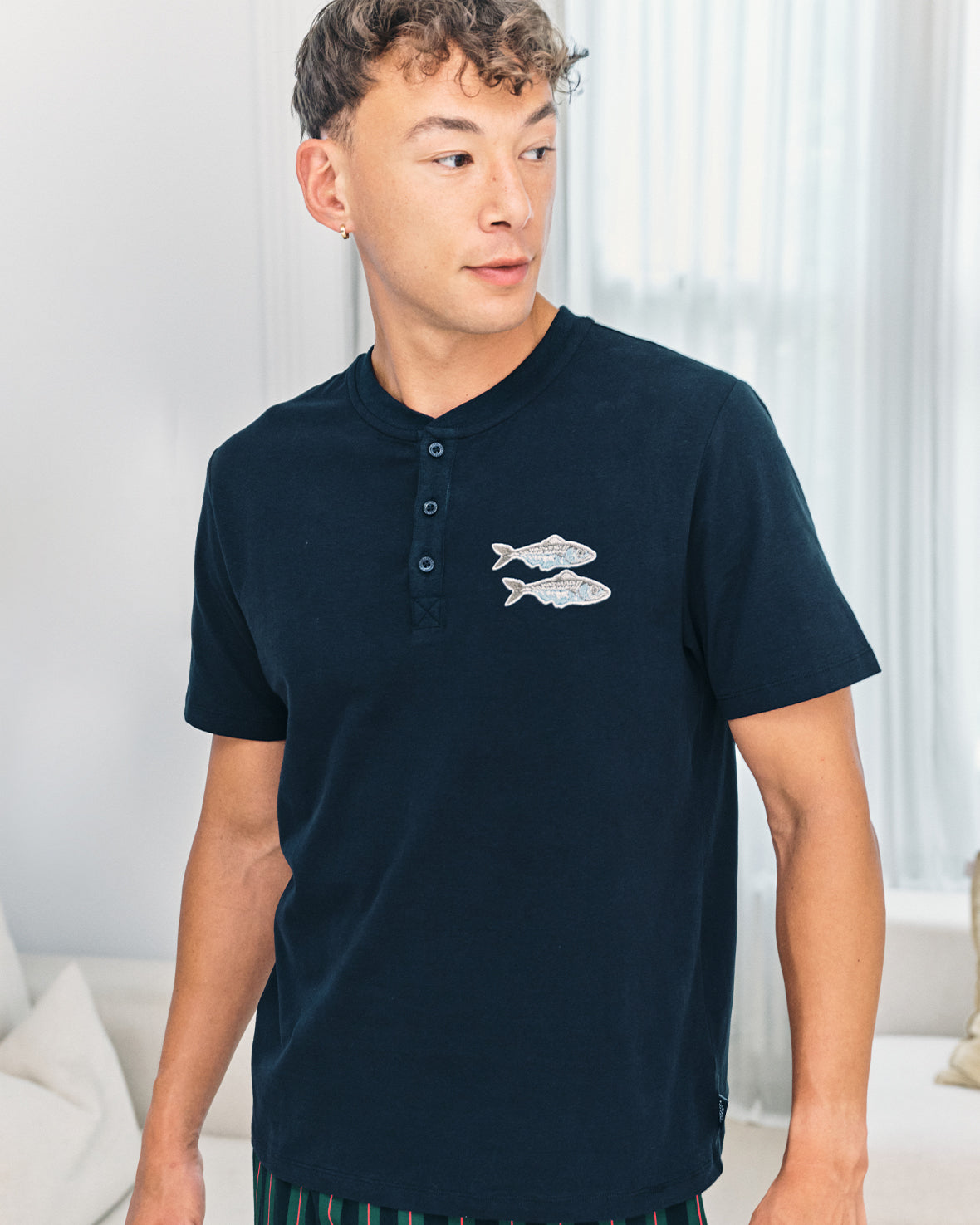 Embroidered Fish Henley Stripe Long Pyjama Set - Navy