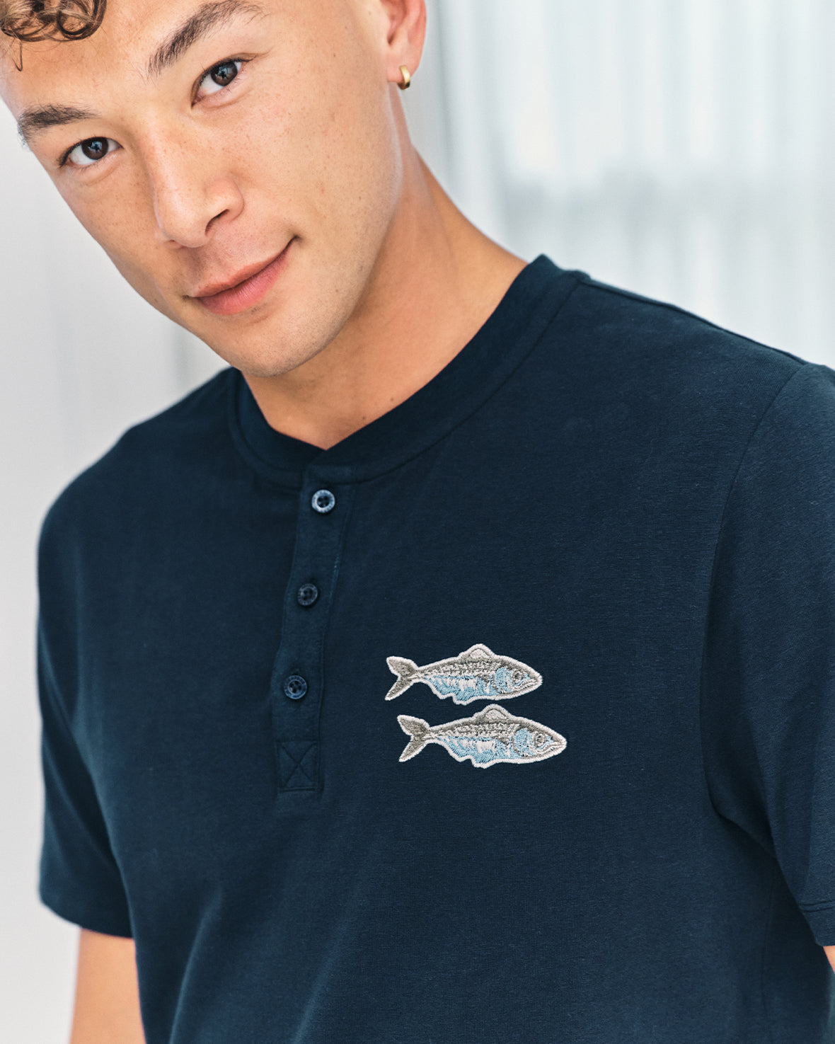 Embroidered Fish Henley Stripe Long Pyjama Set - Navy