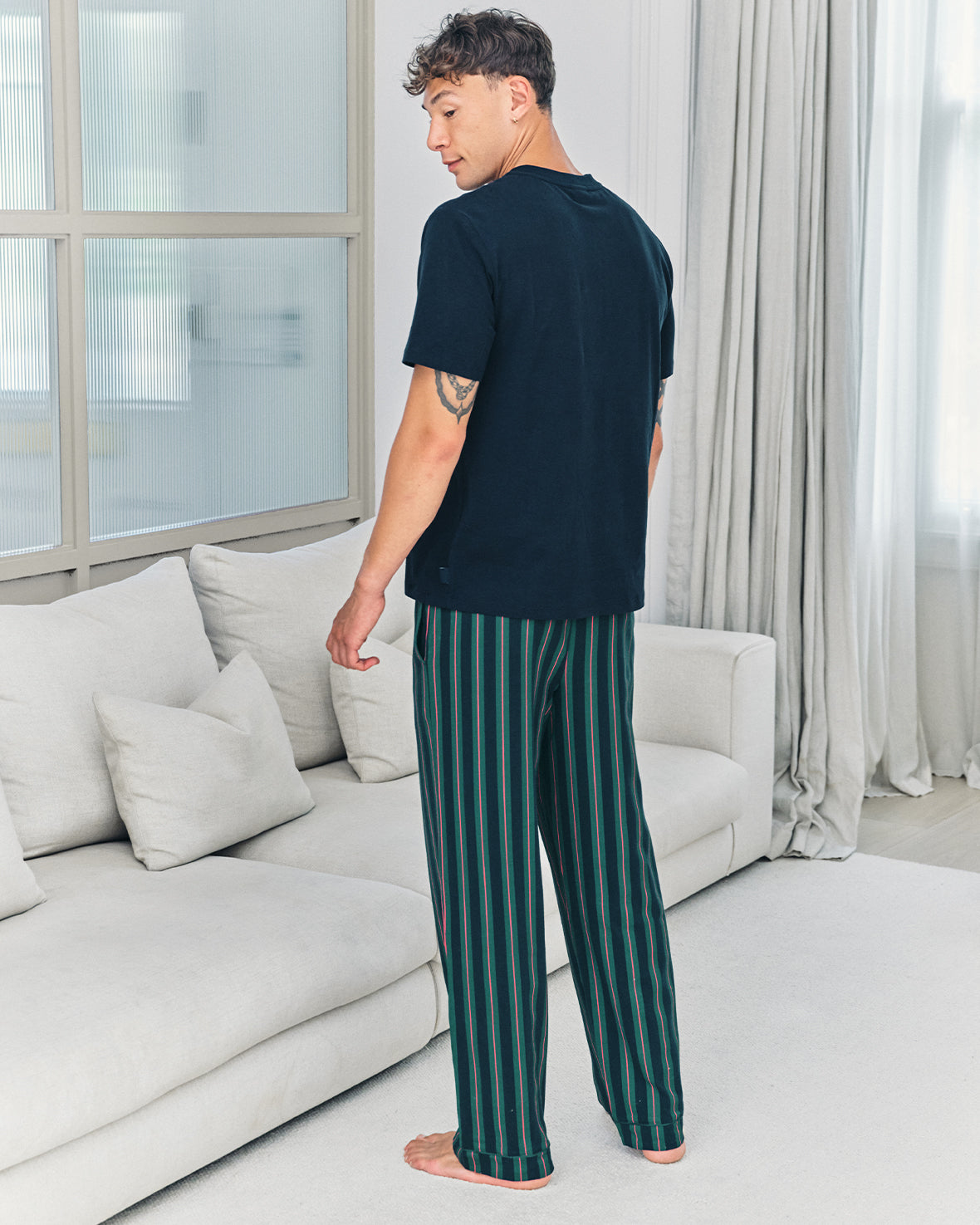 Embroidered Fish Henley Stripe Long Pyjama Set - Navy