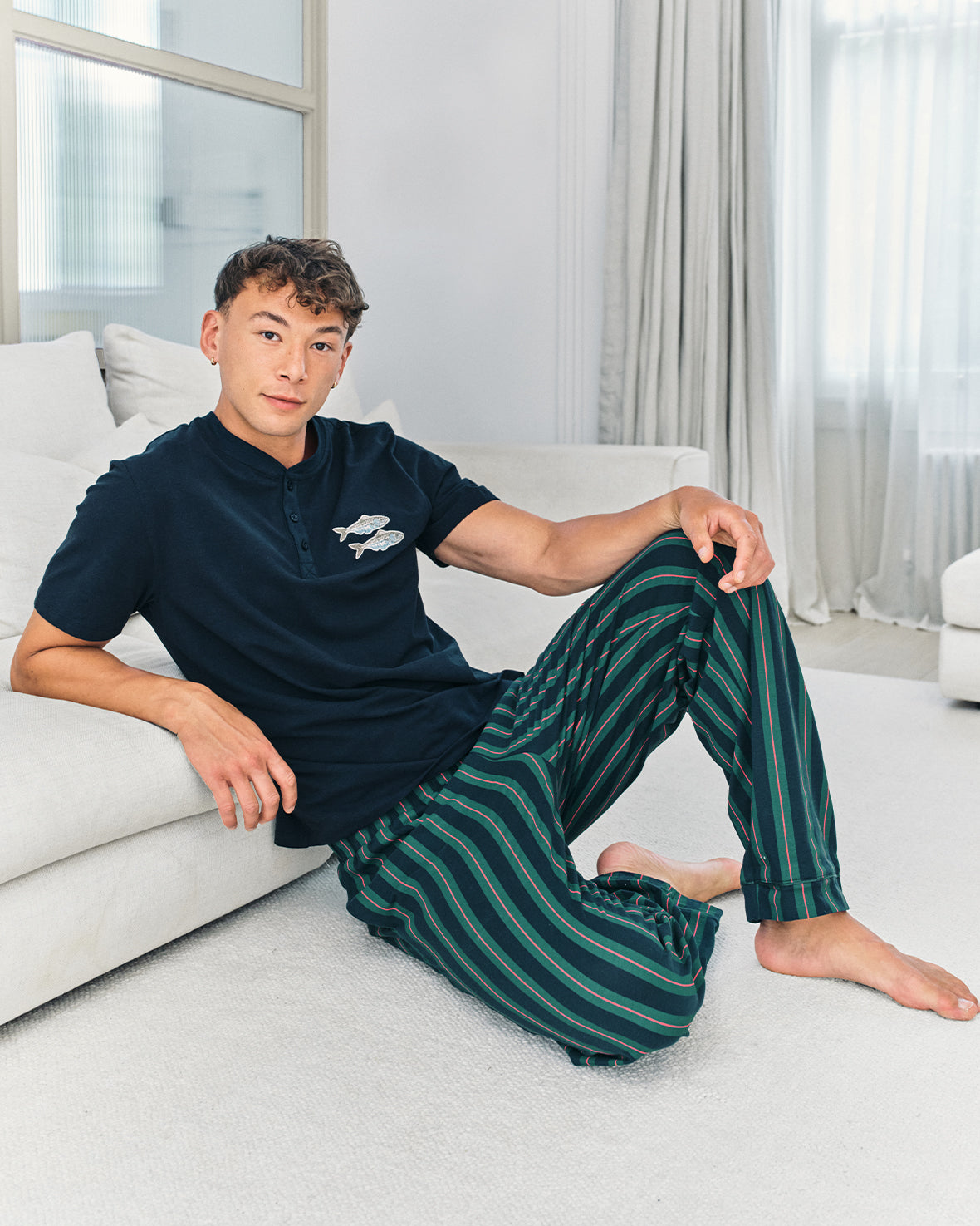 Embroidered Fish Henley Stripe Long Pyjama Set - Navy