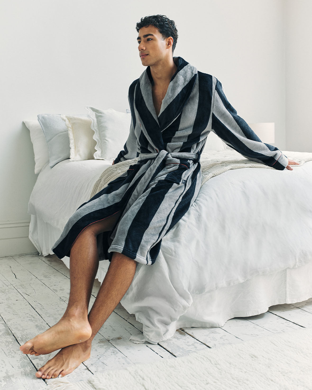 Fleece Stripe Dressing Gown - Navy