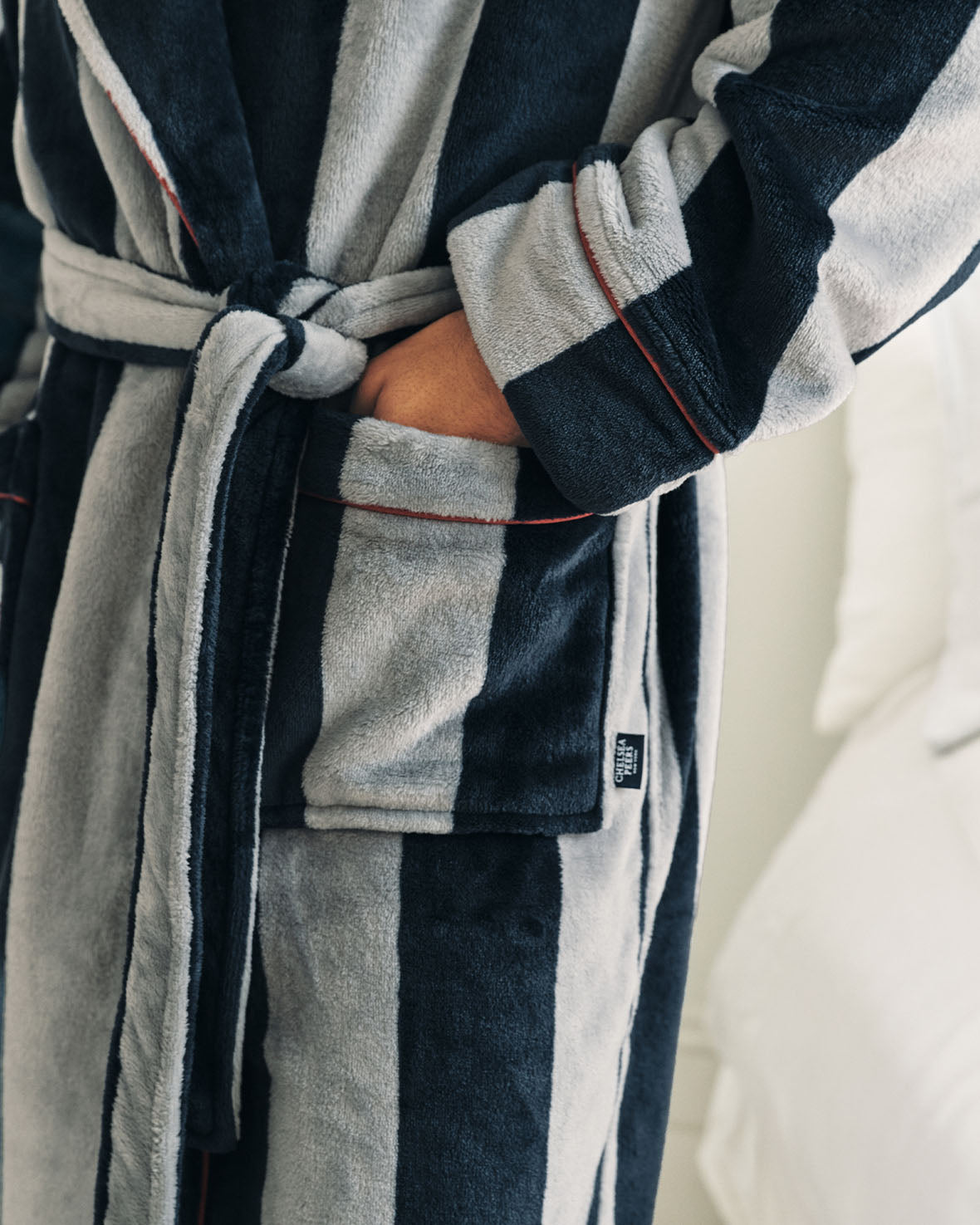 Fleece Stripe Dressing Gown - Navy