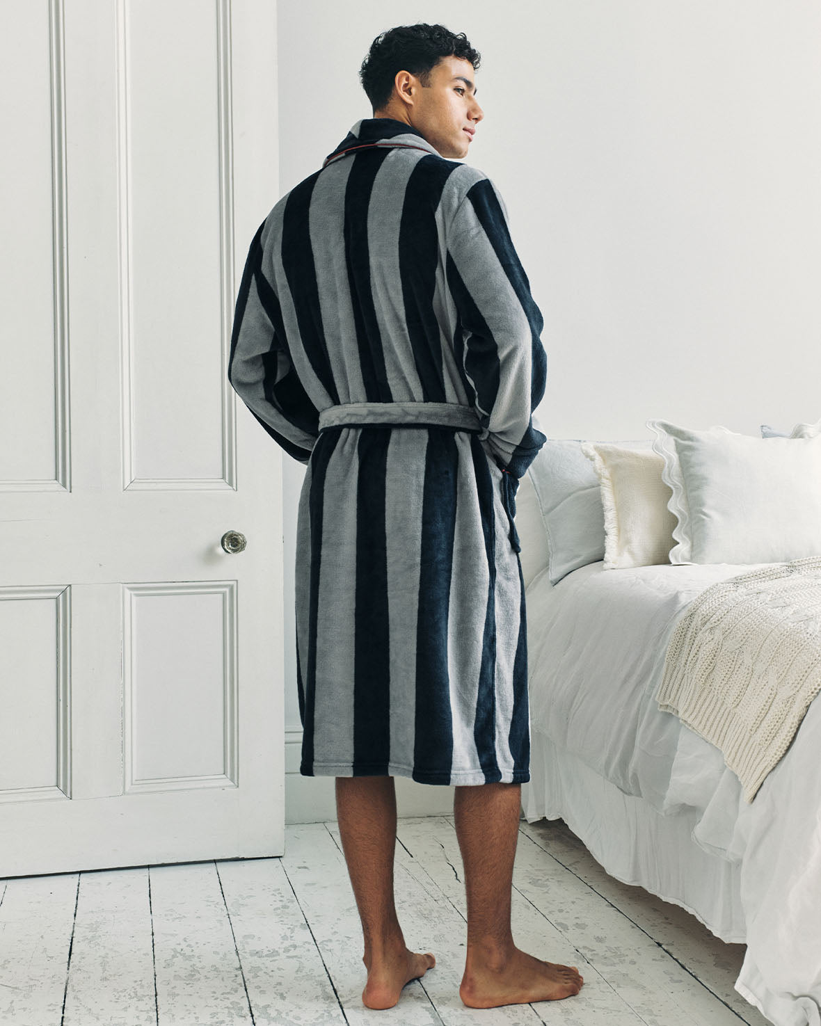 Fleece Stripe Dressing Gown - Navy