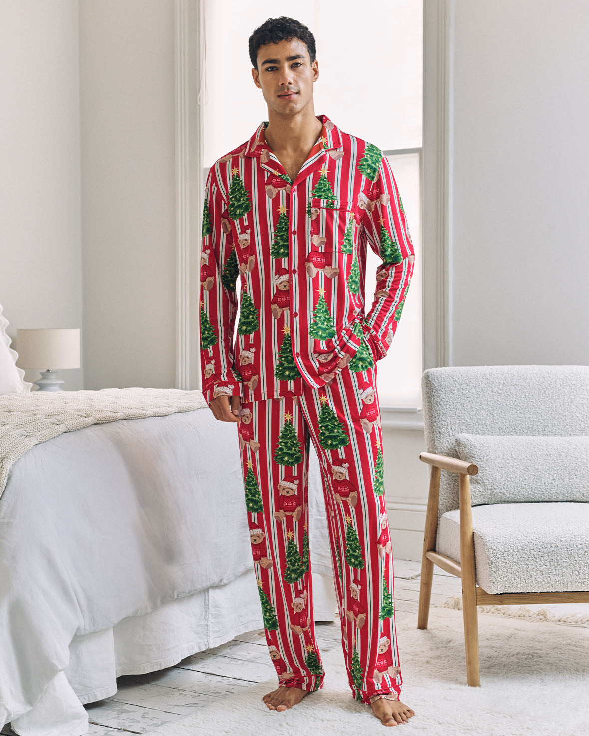 Christmas Teddy Bear Stripe Print Long Pyjama Set