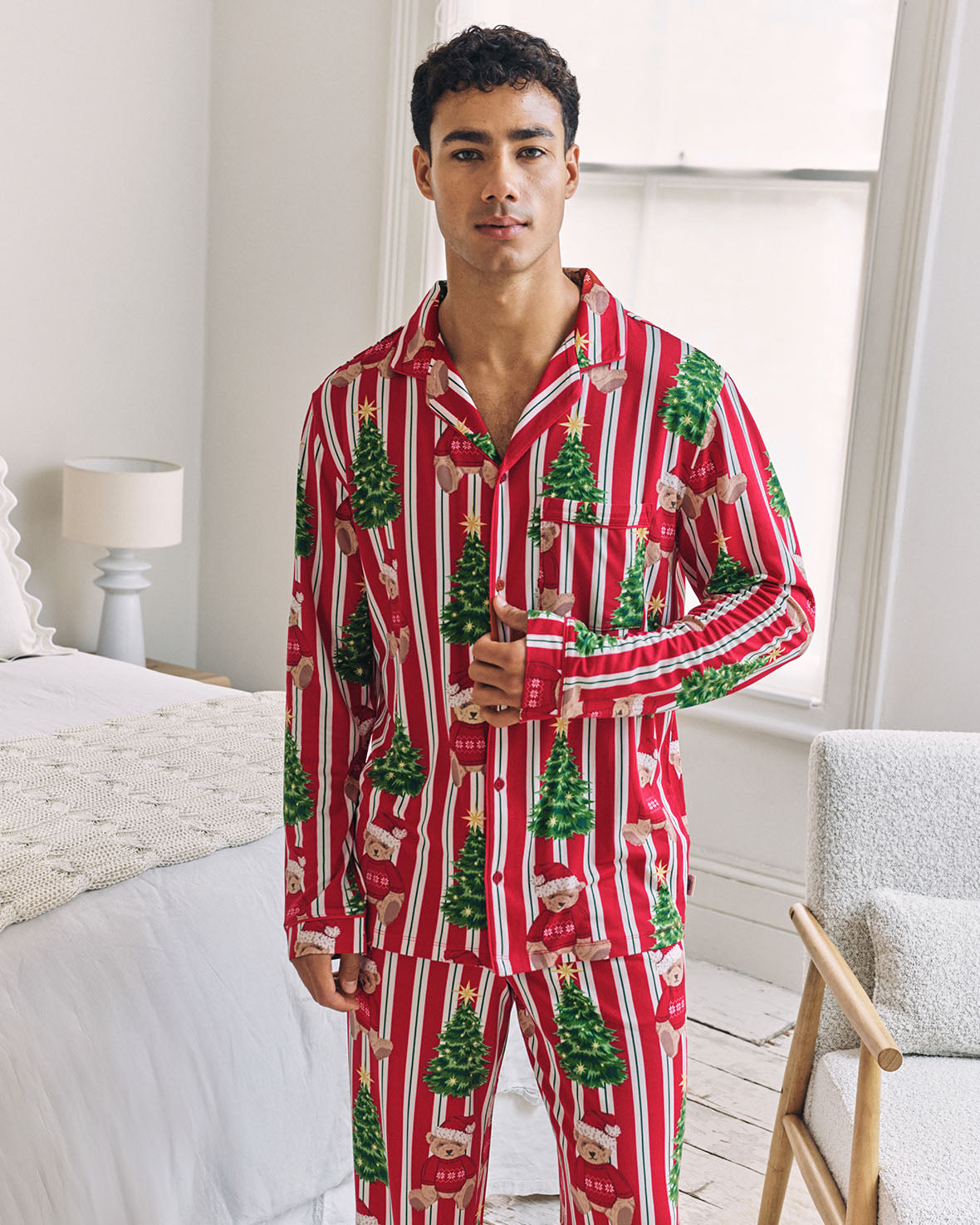 Christmas Teddy Bear Stripe Print Long Pyjama Set