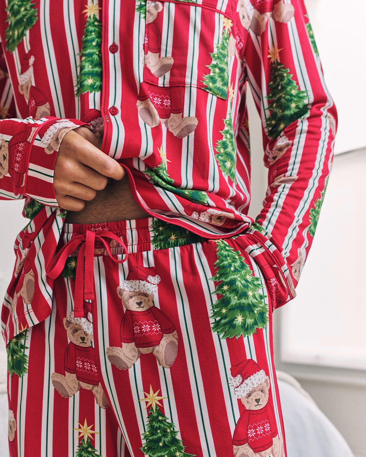 Christmas Teddy Bear Stripe Print Long Pyjama Set