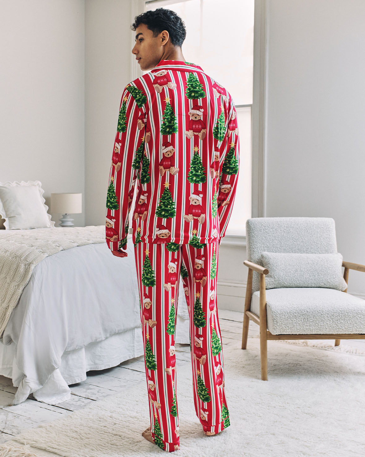 Christmas Teddy Bear Stripe Print Long Pyjama Set
