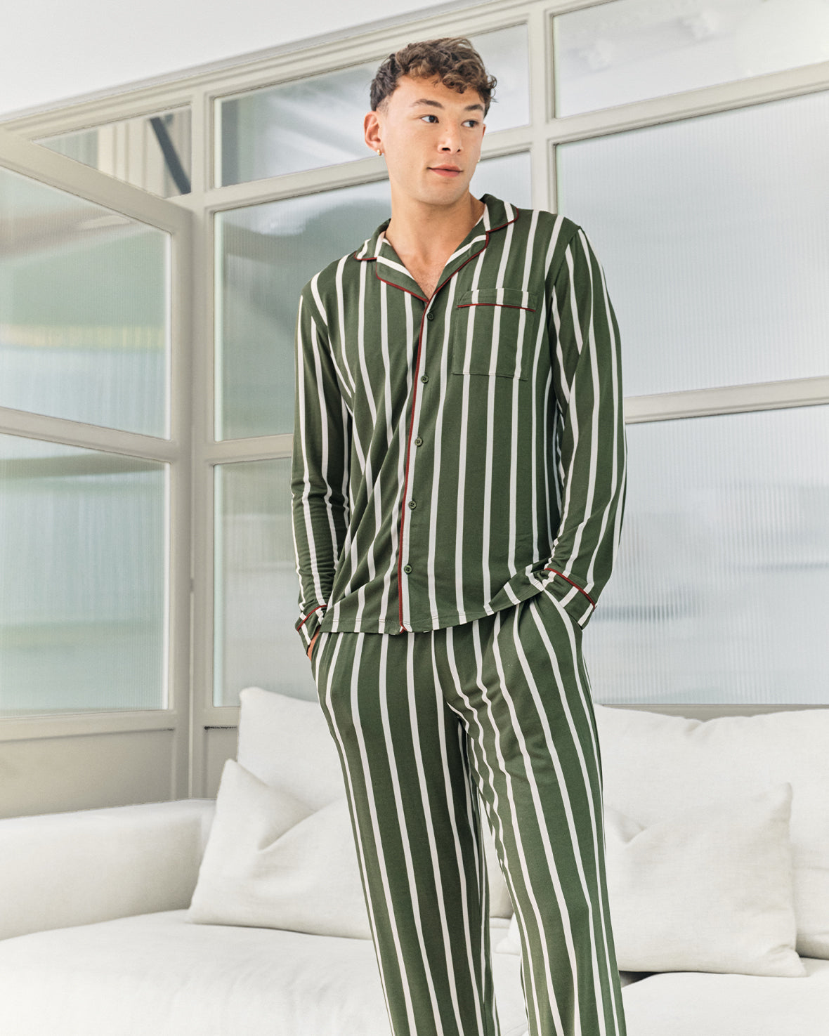 Stripe Button Up Long Pyjama Set - Khaki