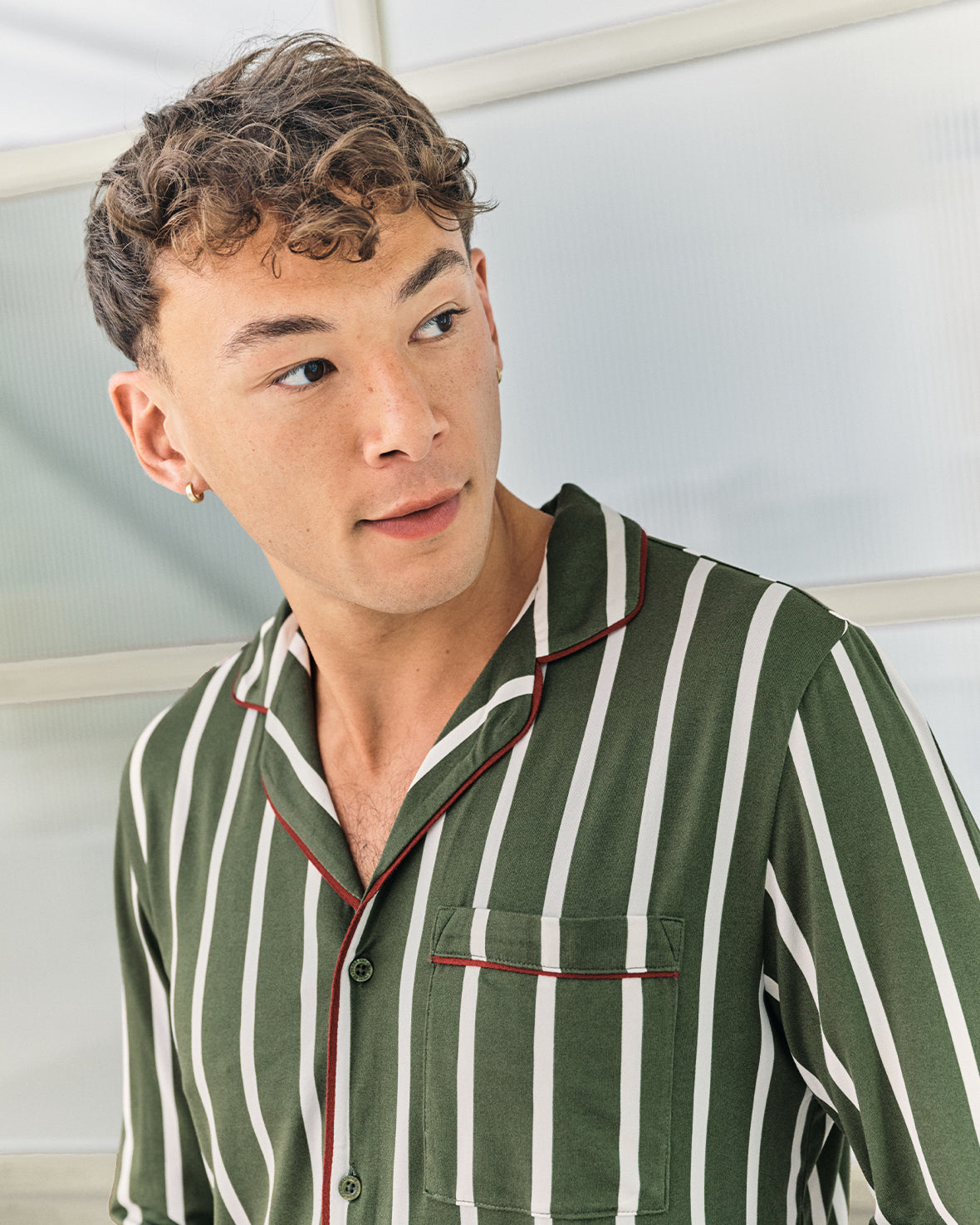 Stripe Button Up Long Pyjama Set - Khaki