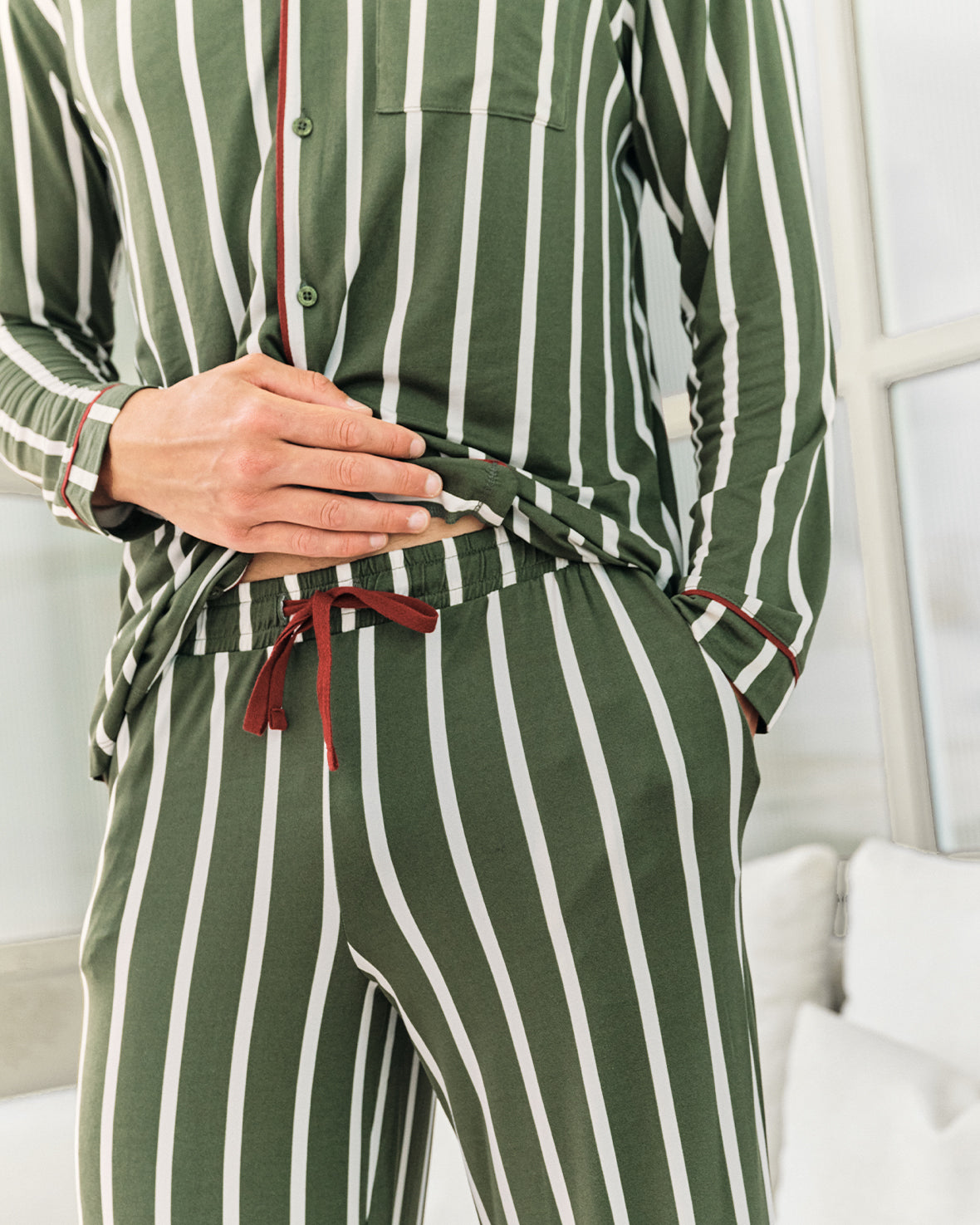 Stripe Button Up Long Pyjama Set - Khaki