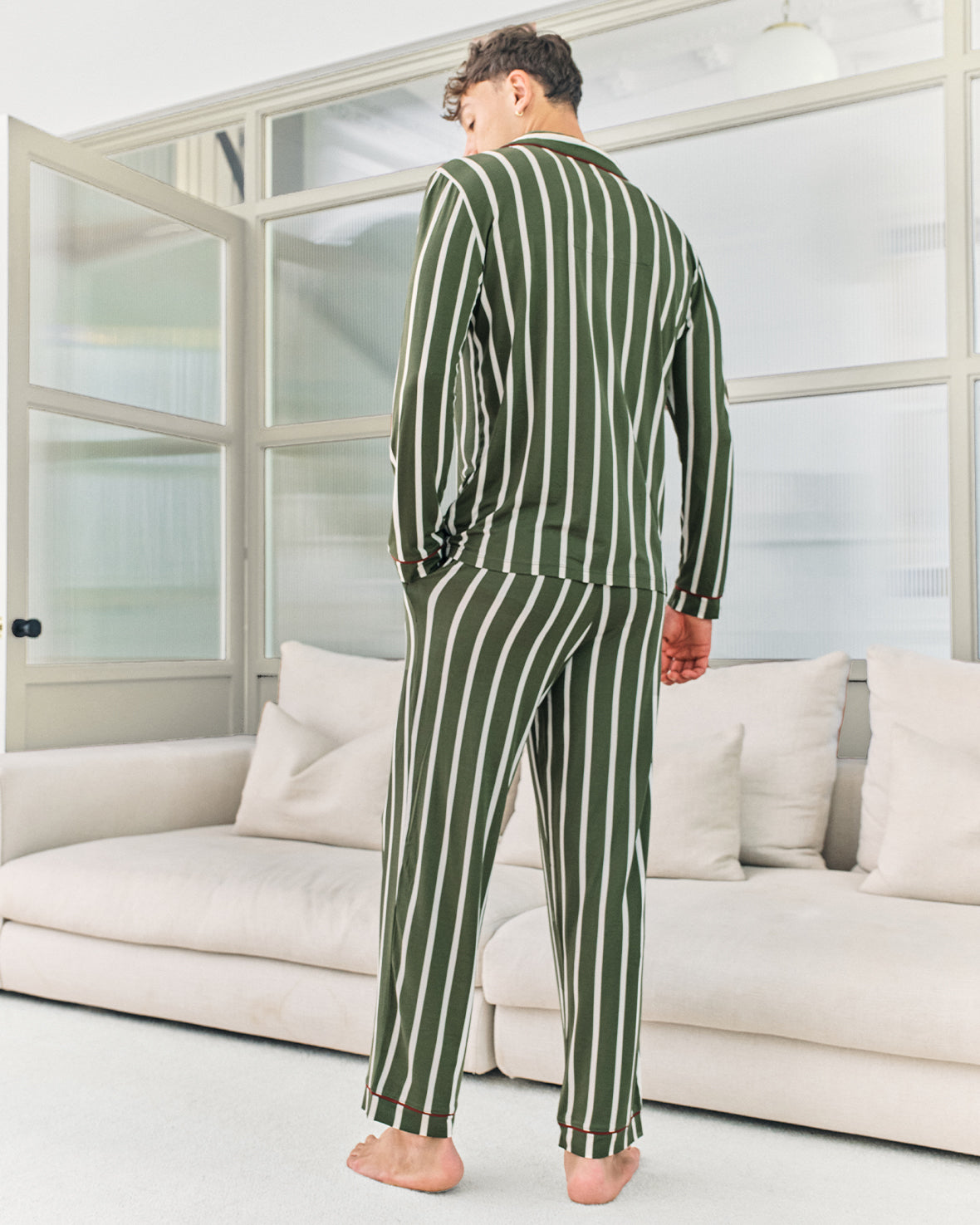 Stripe Button Up Long Pyjama Set - Khaki