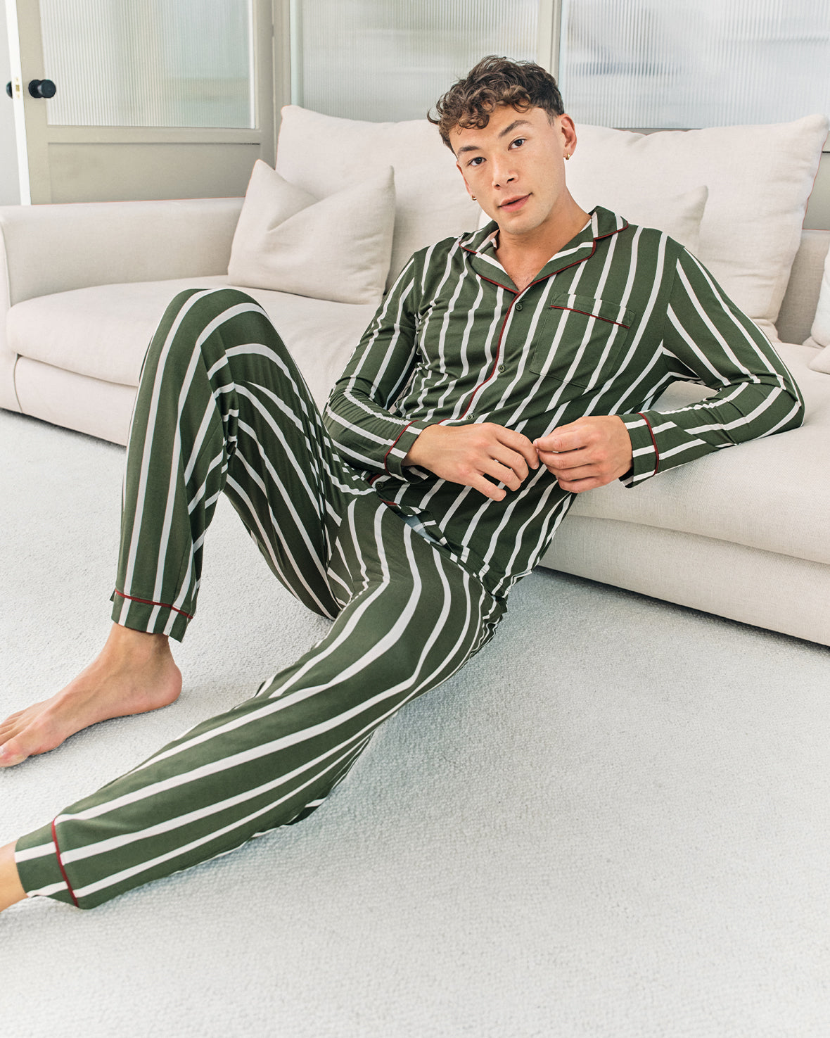 Stripe Button Up Long Pyjama Set - Khaki