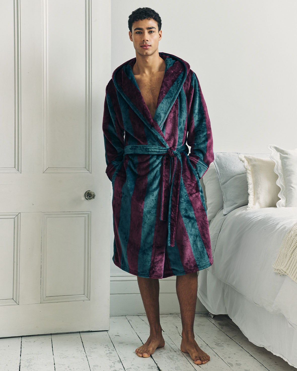 Fleece Stripe Hooded Dressing Gown