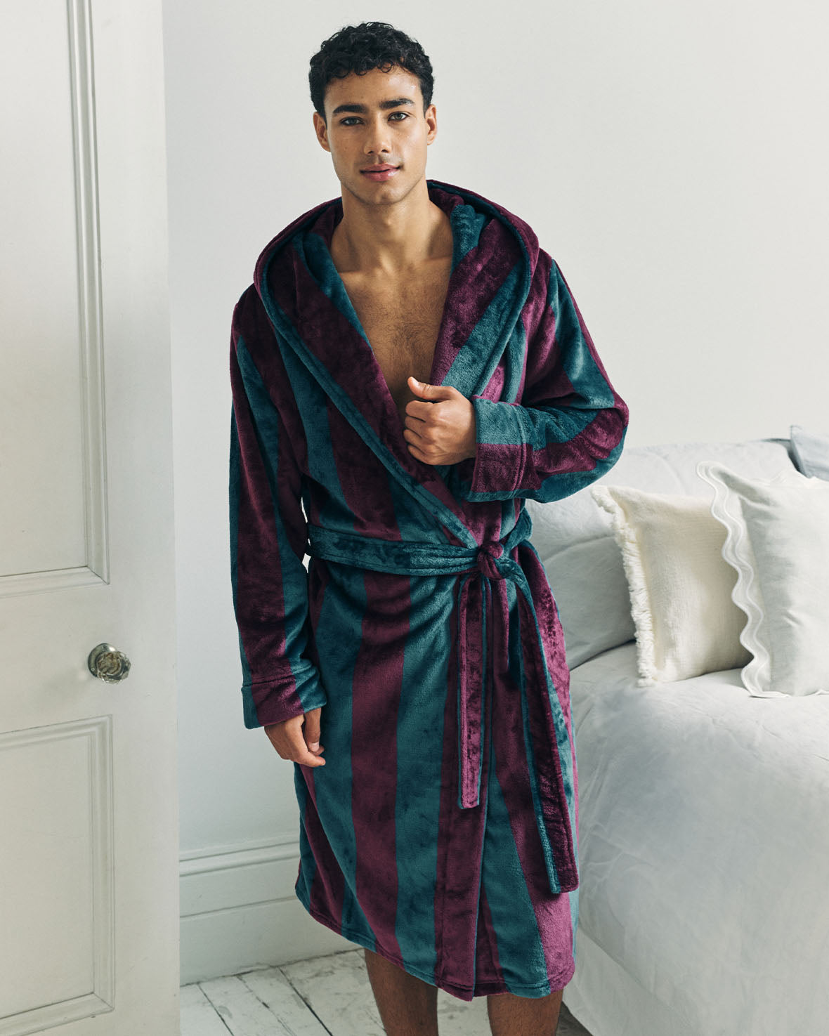 Fleece Stripe Hooded Dressing Gown - Burgundy