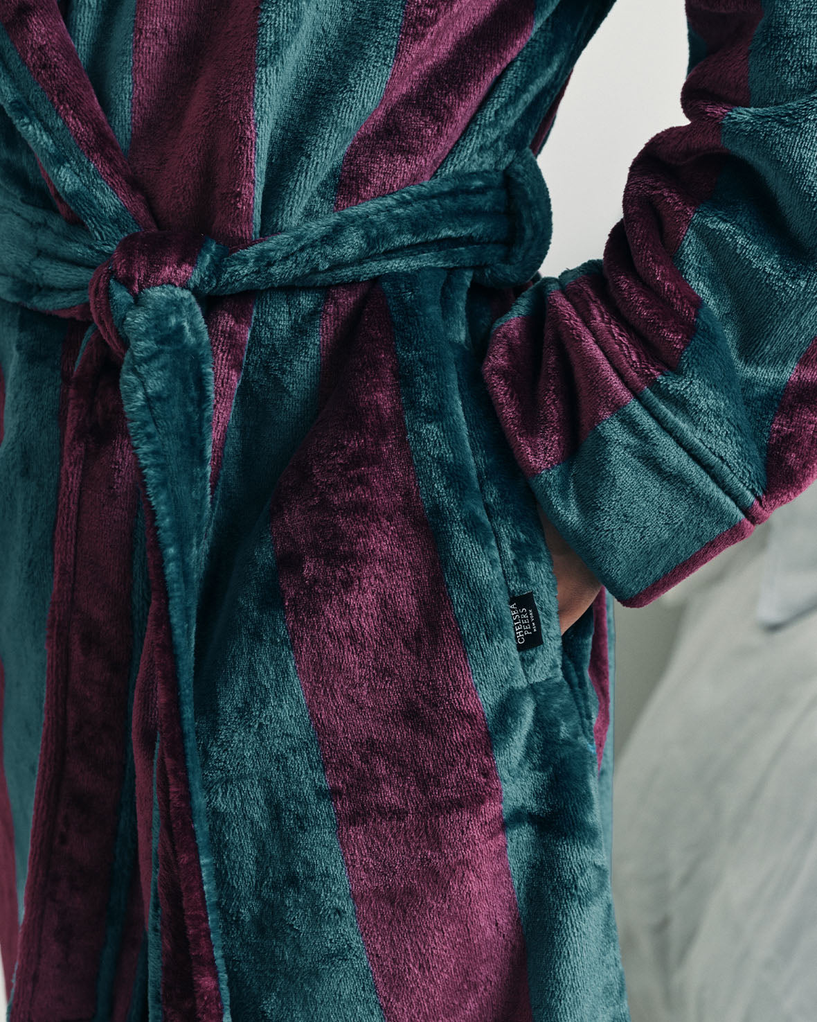 Fleece Stripe Hooded Dressing Gown - Burgundy