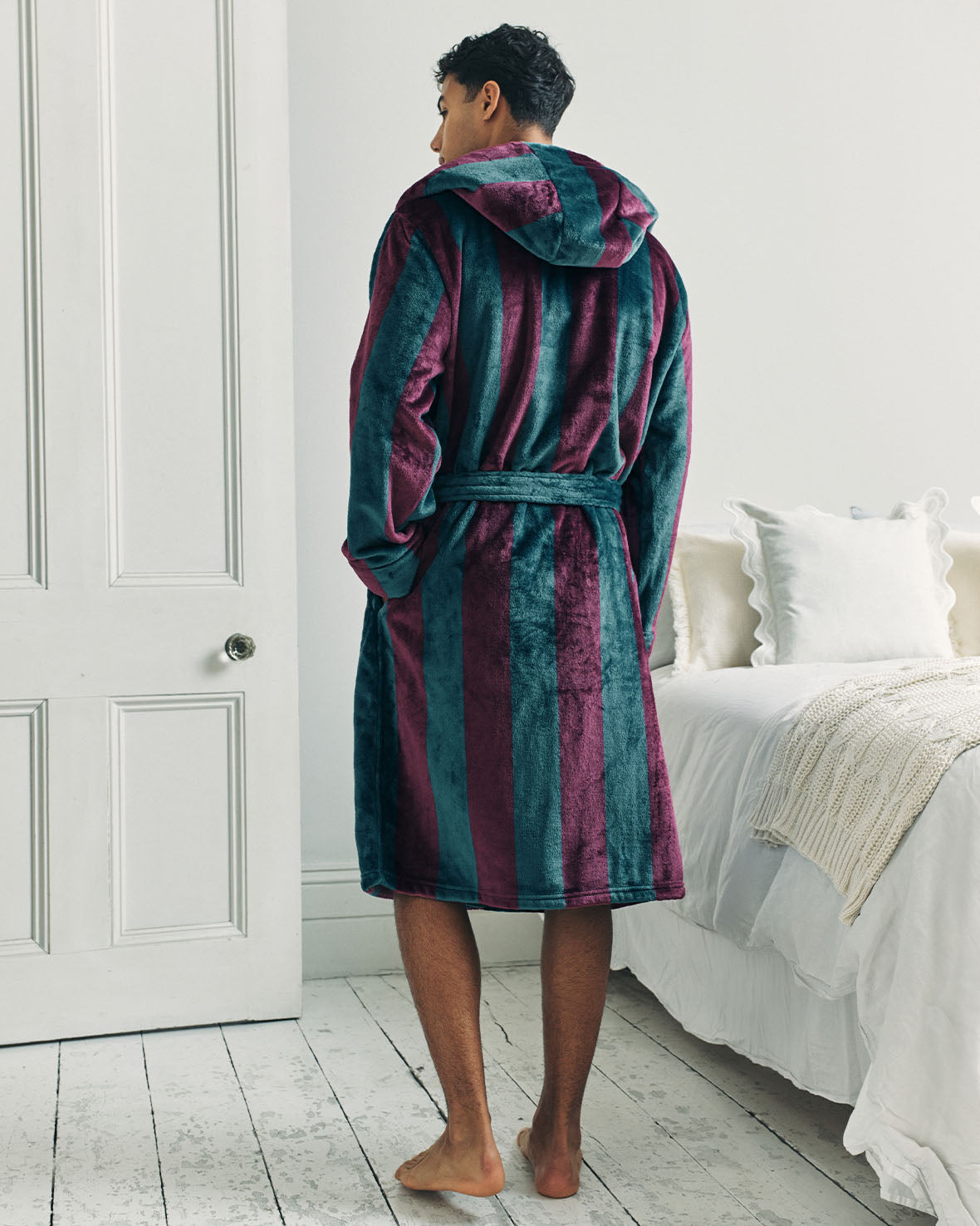 Fleece Stripe Hooded Dressing Gown - Burgundy