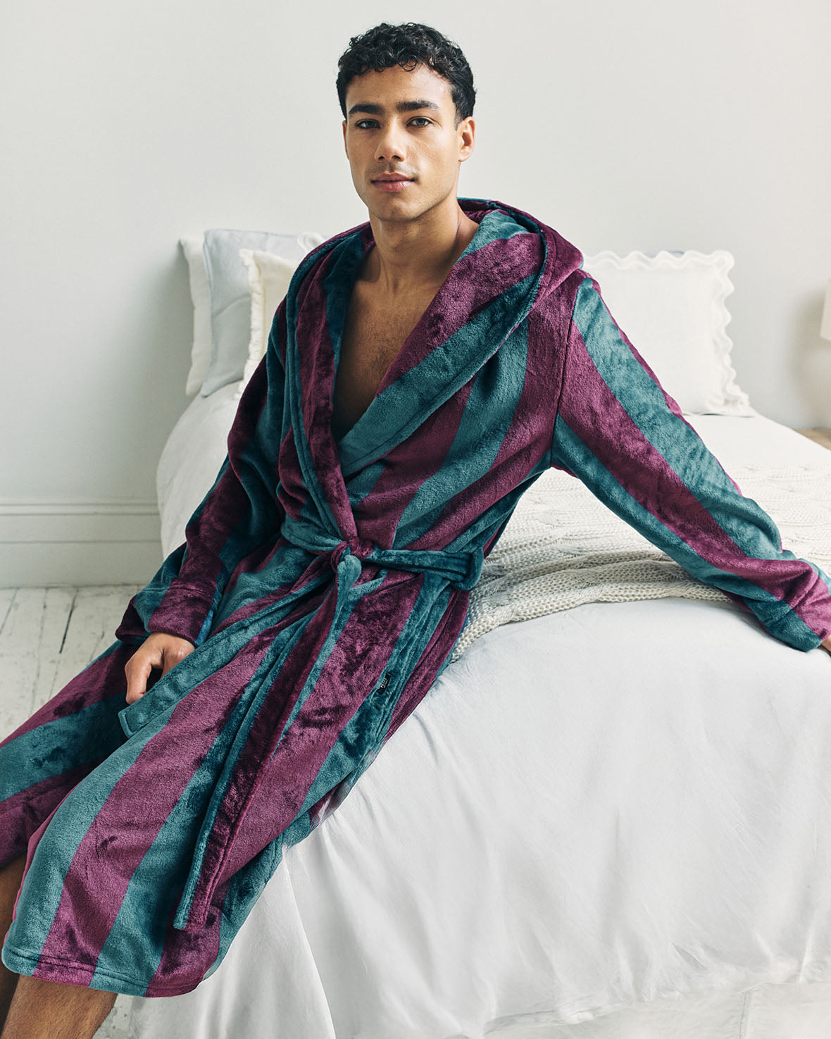 Fleece Stripe Hooded Dressing Gown - Burgundy