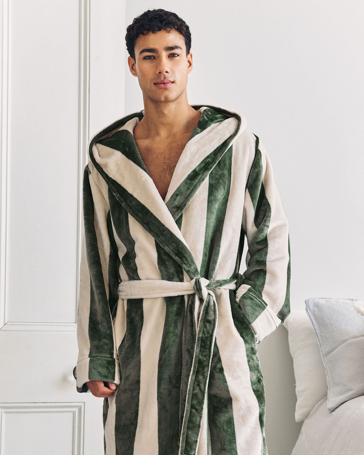 Fleece Stripe Hooded Dressing Gown - Khaki