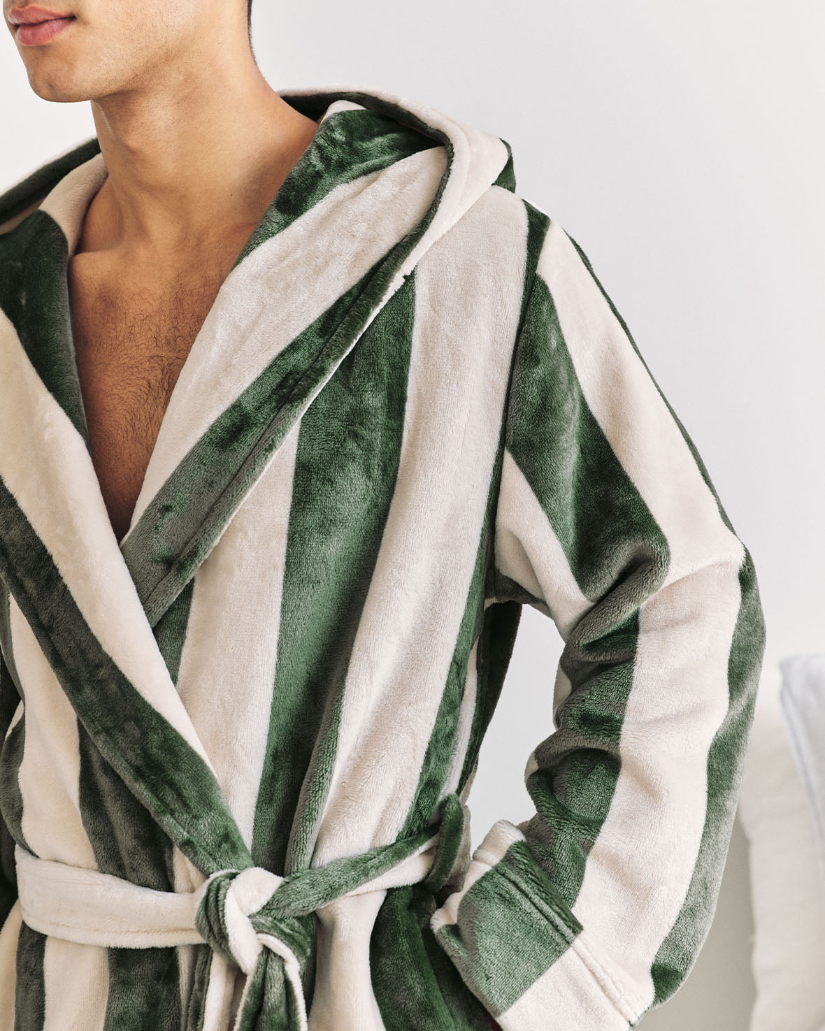 Fleece Stripe Hooded Dressing Gown - Khaki