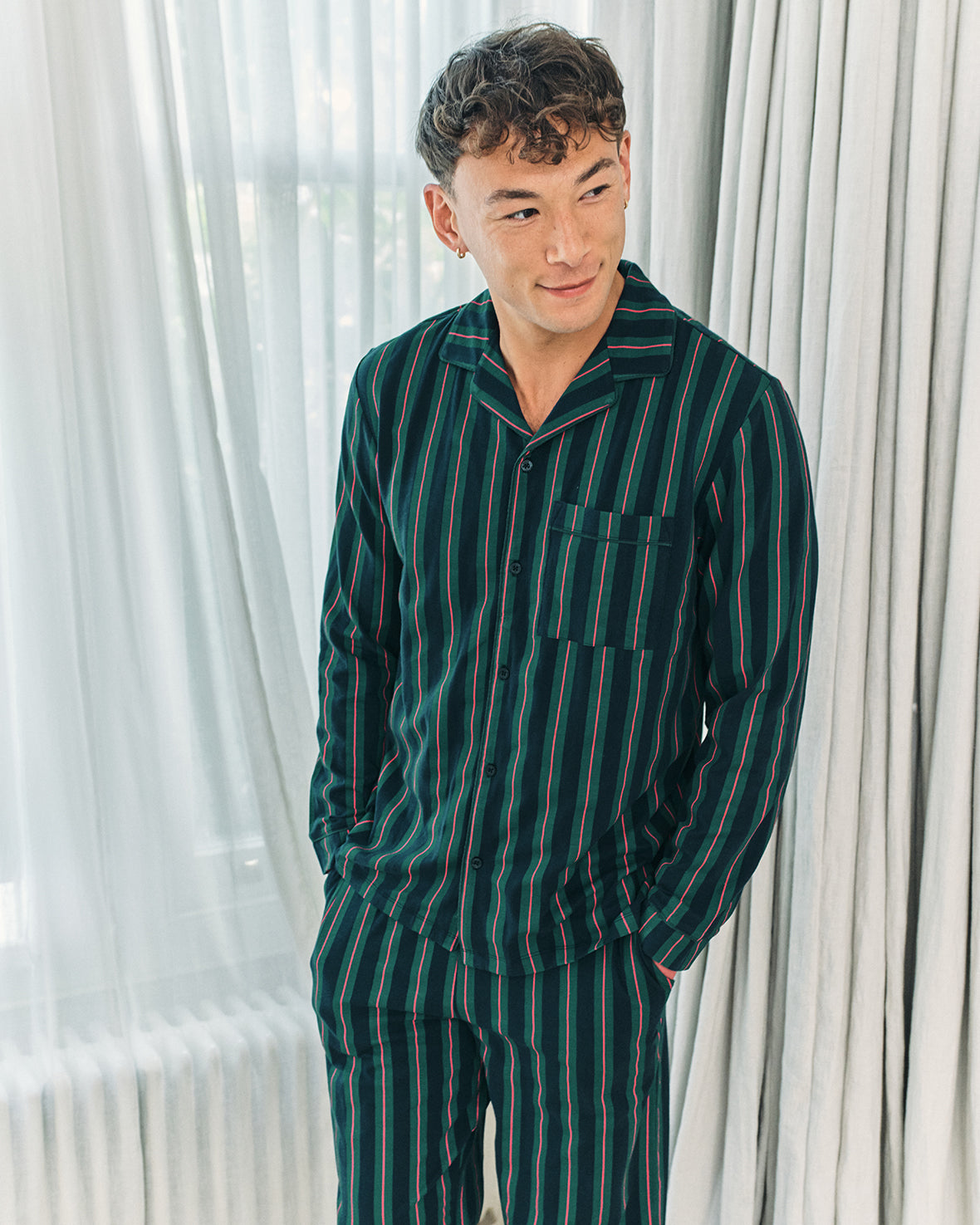 Stripe Button Up Long Pyjama Set - Navy