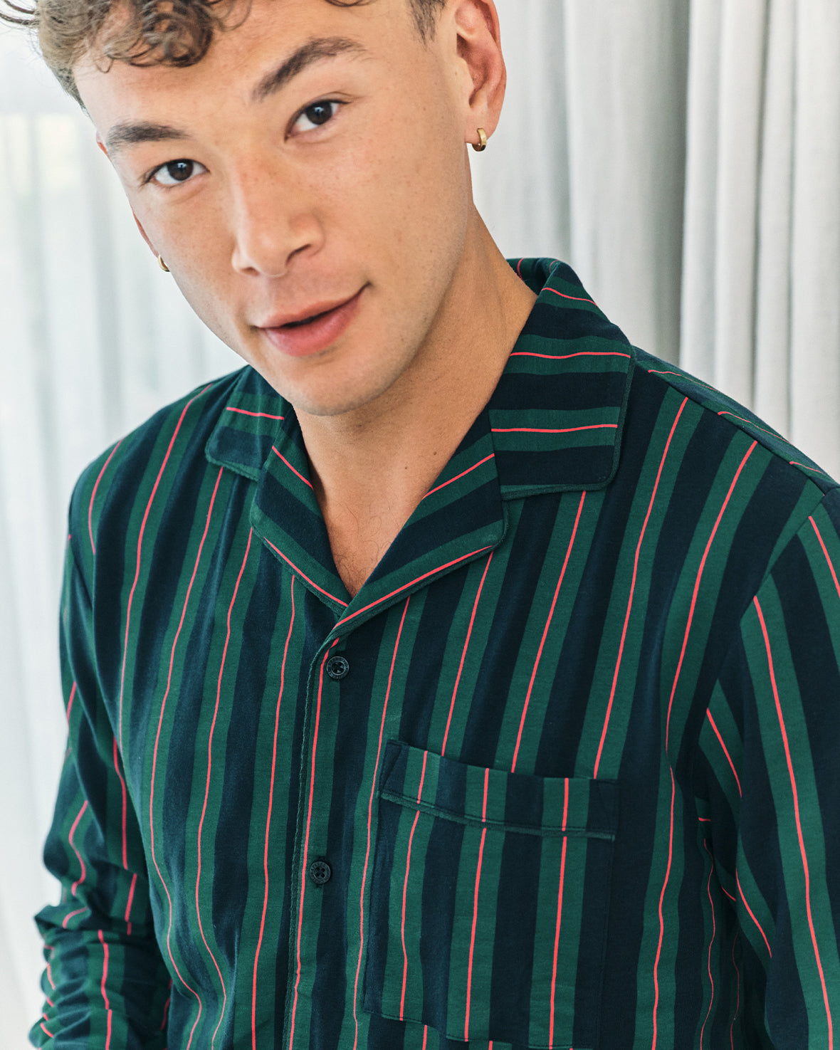 Stripe Button Up Long Pyjama Set - Navy