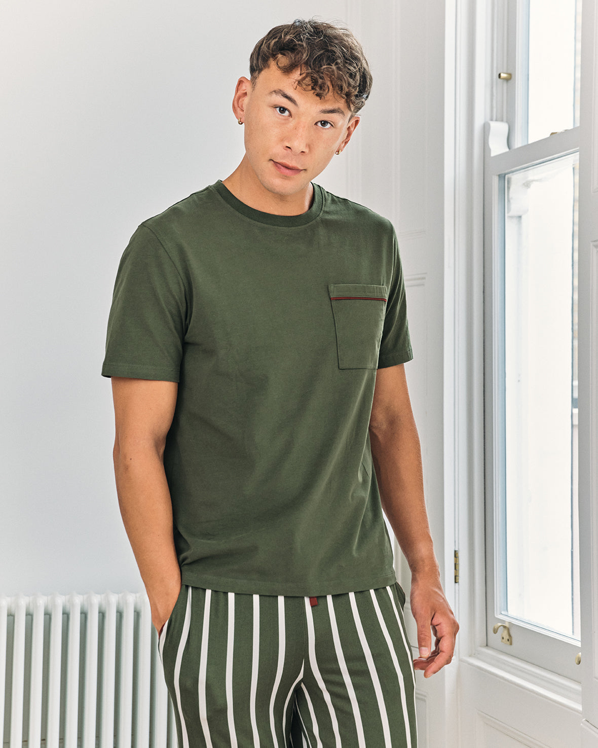 Stripe Crew Long Pyjama Set - Khaki