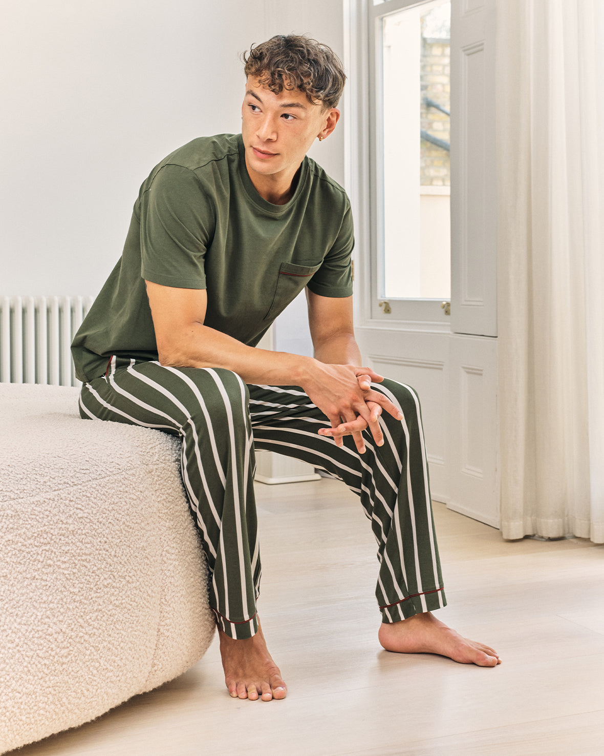 Stripe Crew Long Pyjama Set - Khaki