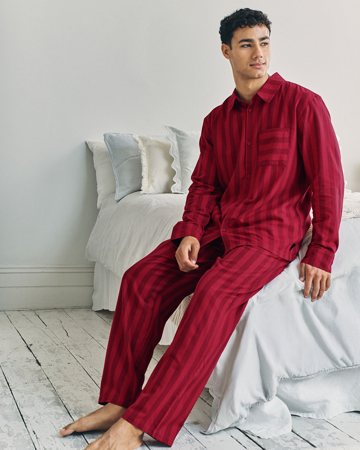 Organic Cotton Stripe Long Pyjama Set - Red