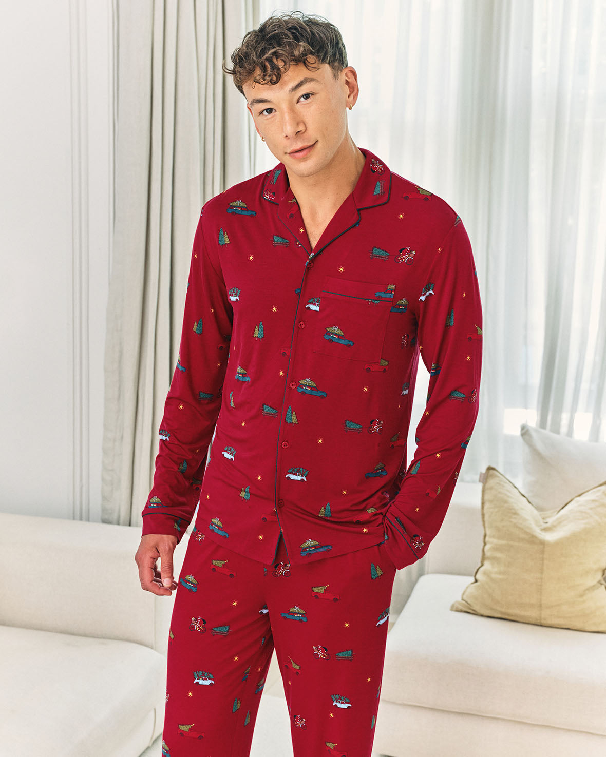 TENCEL™ Modal Christmas Tree Car Print Long Button Up Pyjama Set