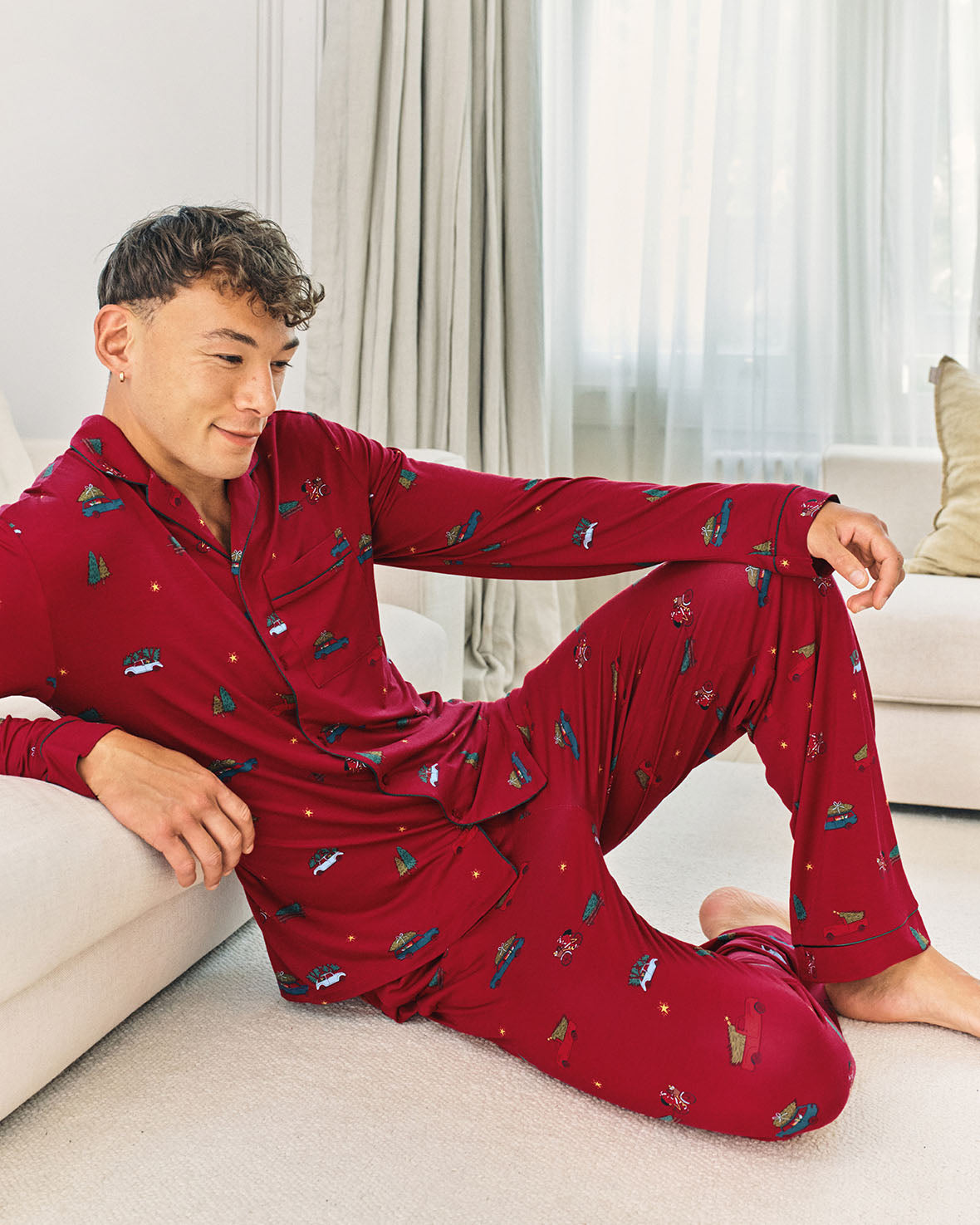 TENCEL™ Modal Christmas Tree Car Print Long Button Up Pyjama Set