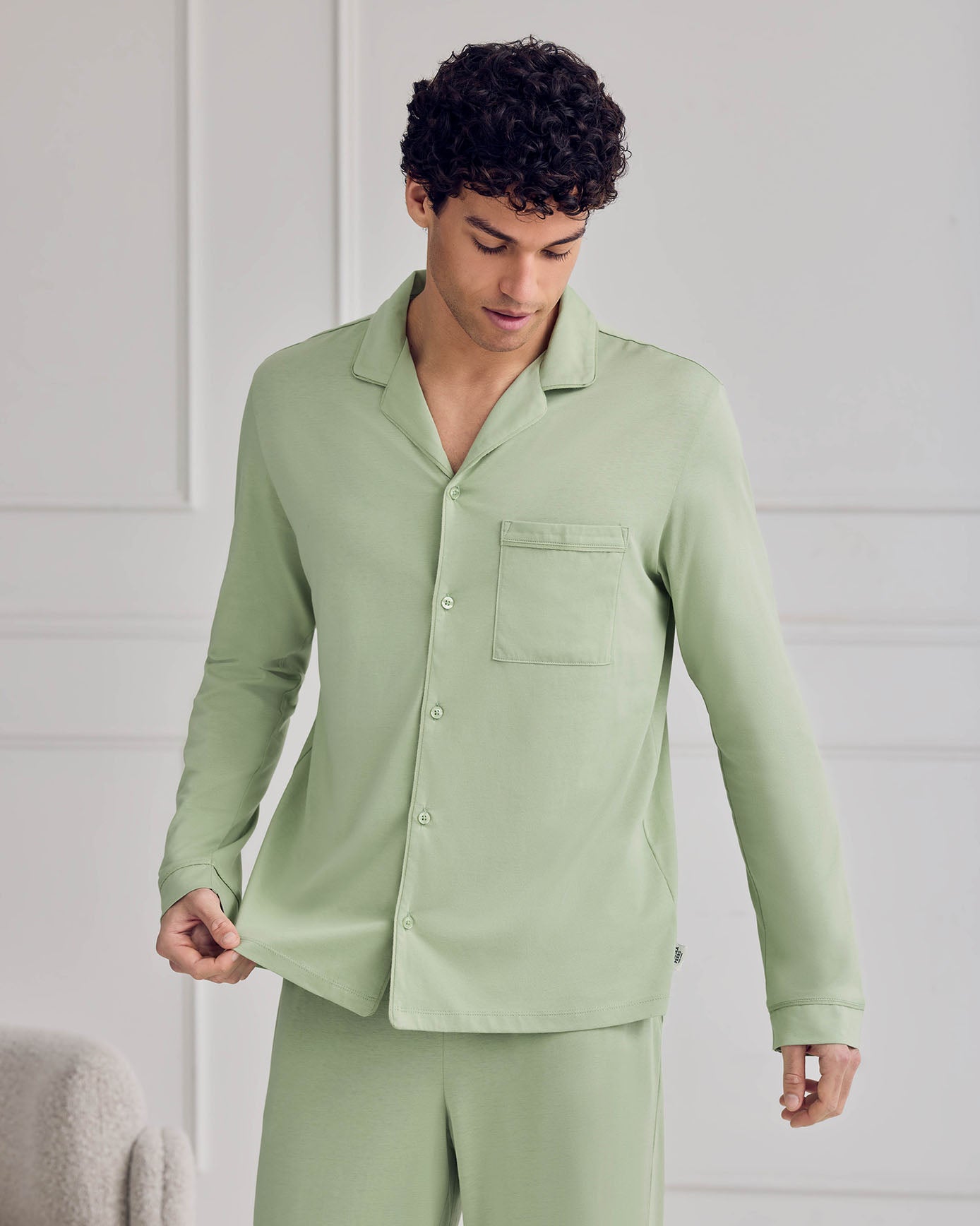 Cotton Button Up Long Pyjama Set - Green
