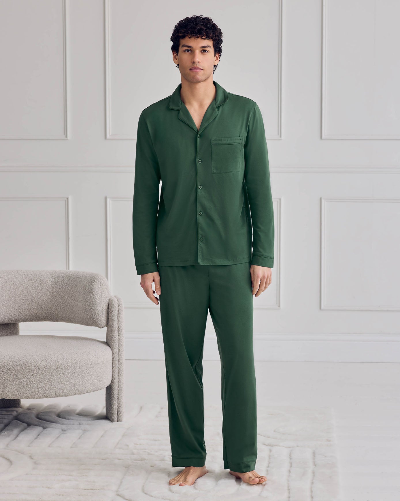 Mercerised Cotton Button Up Long Pyjama Set Hunter Green