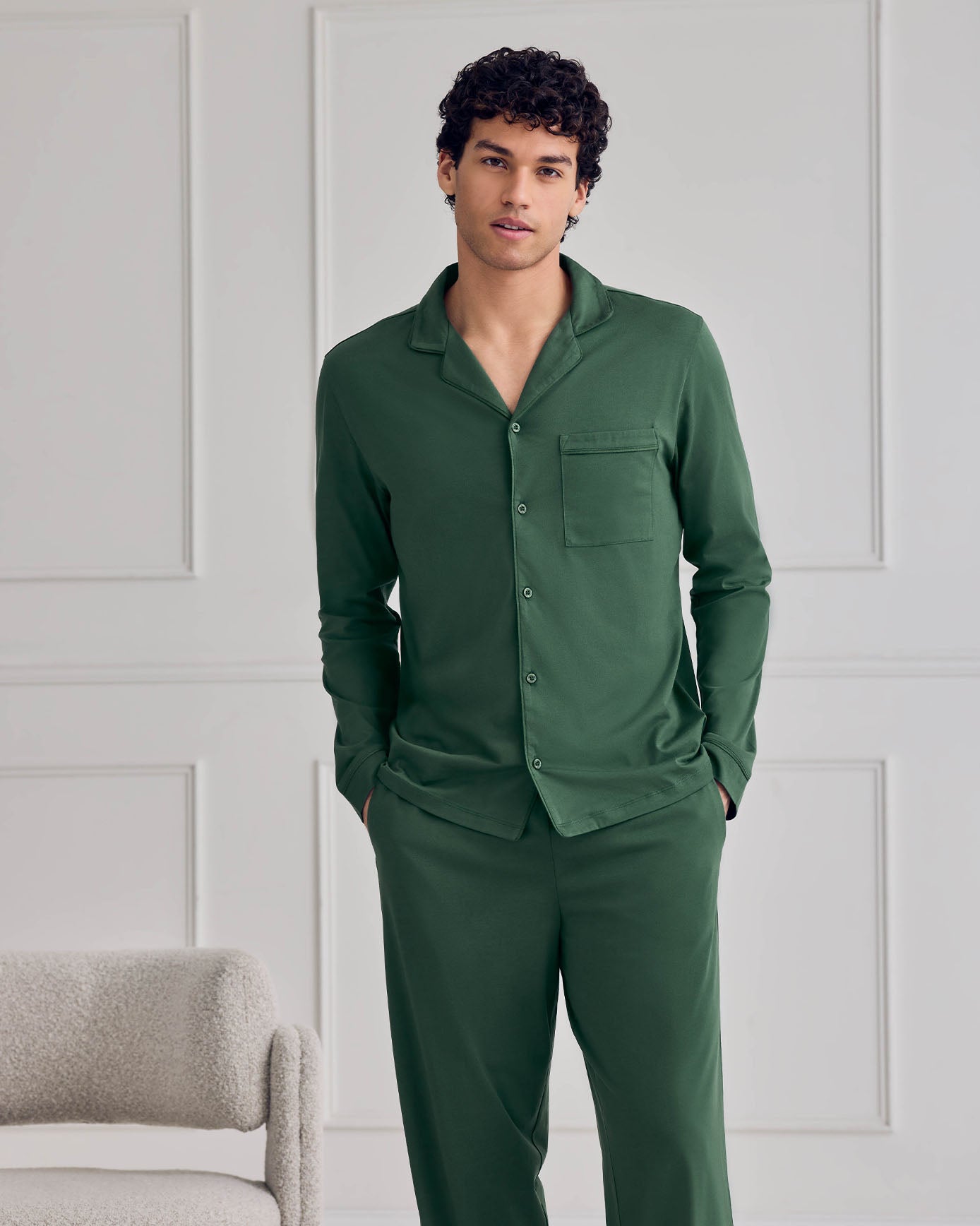Cotton Button Up Long Pyjama Set - Hunter Green