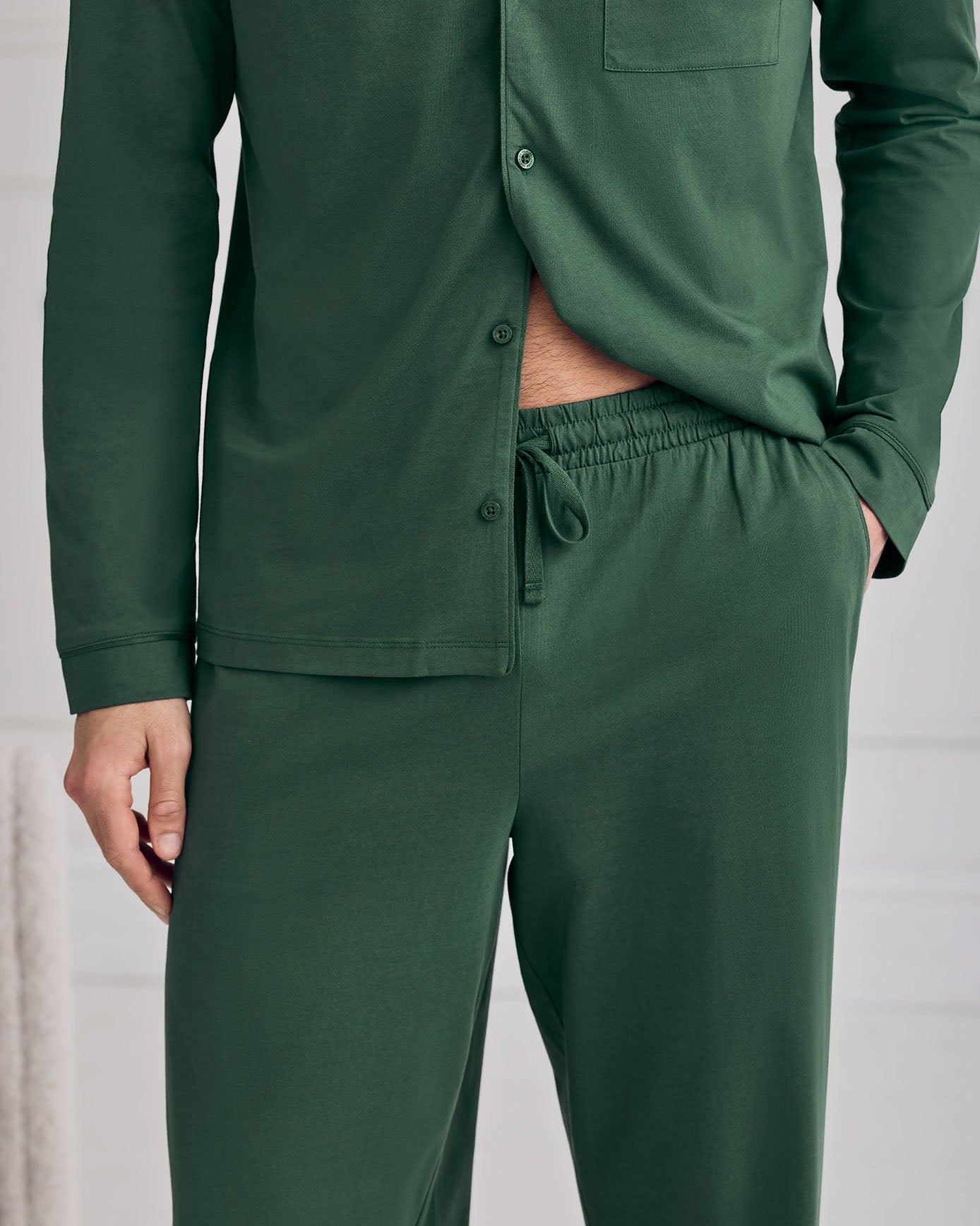 Cotton Button Up Long Pyjama Set - Hunter Green