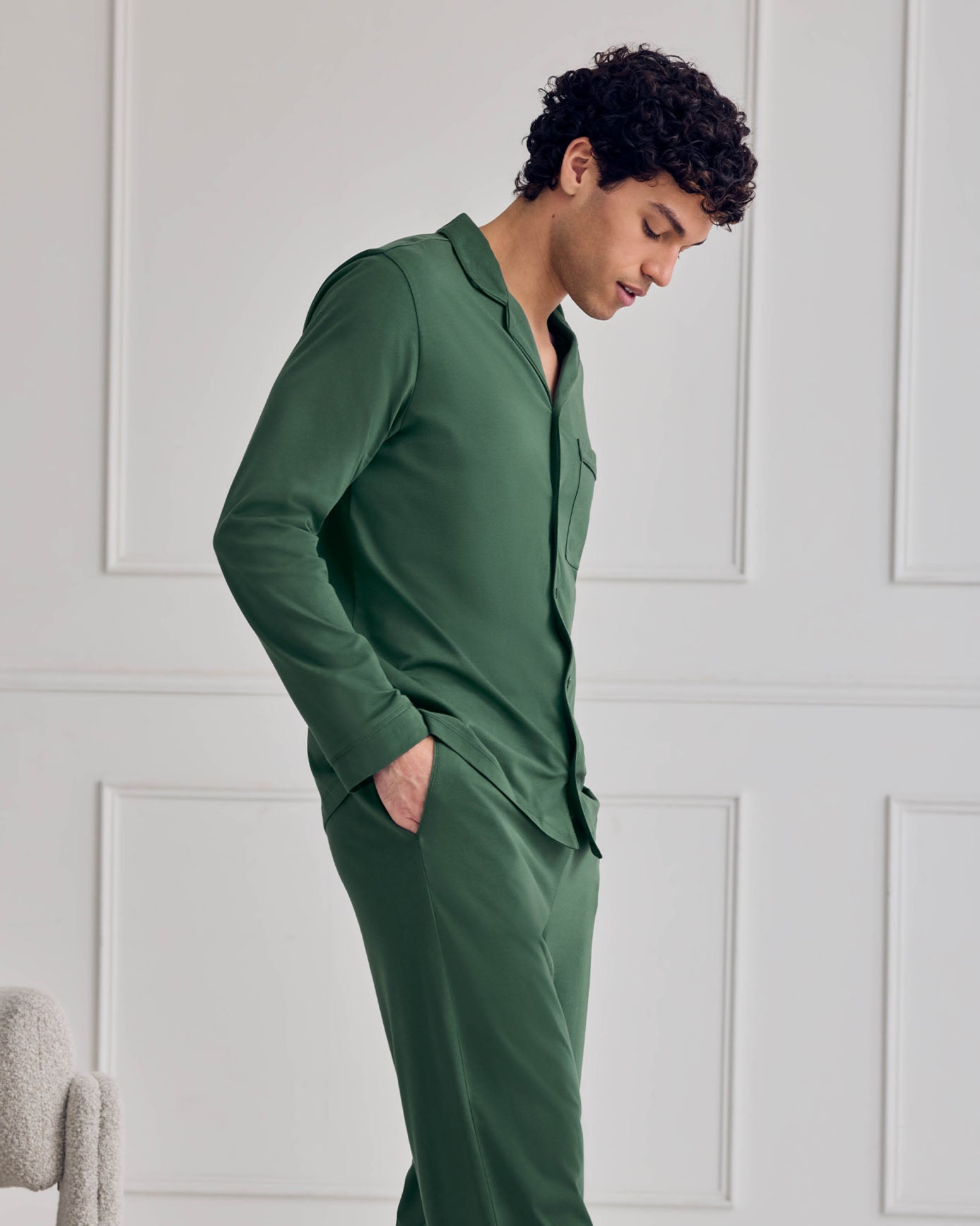 Cotton Button Up Long Pyjama Set - Hunter Green