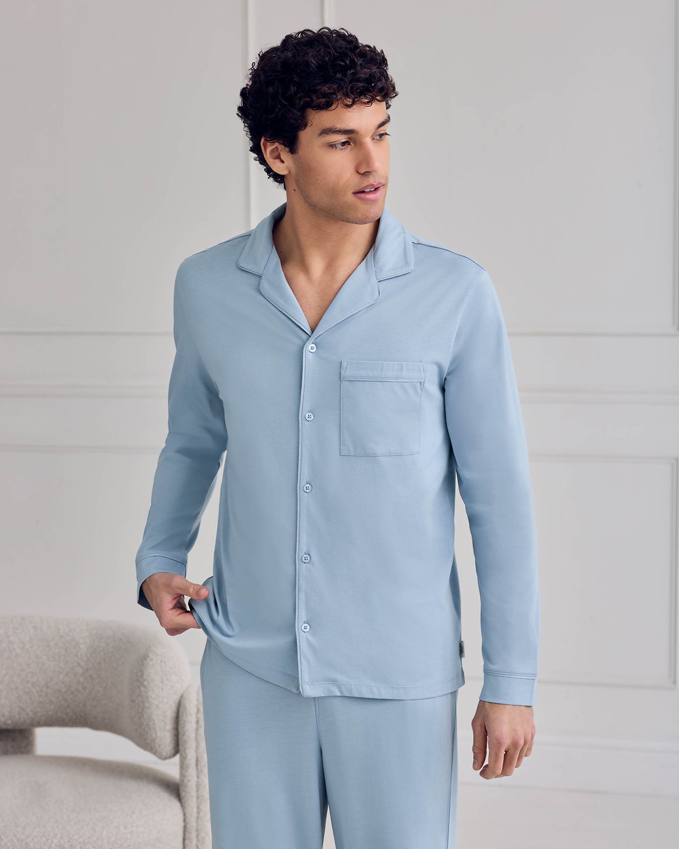 Cotton Button Up Long Pyjama Set - Blue