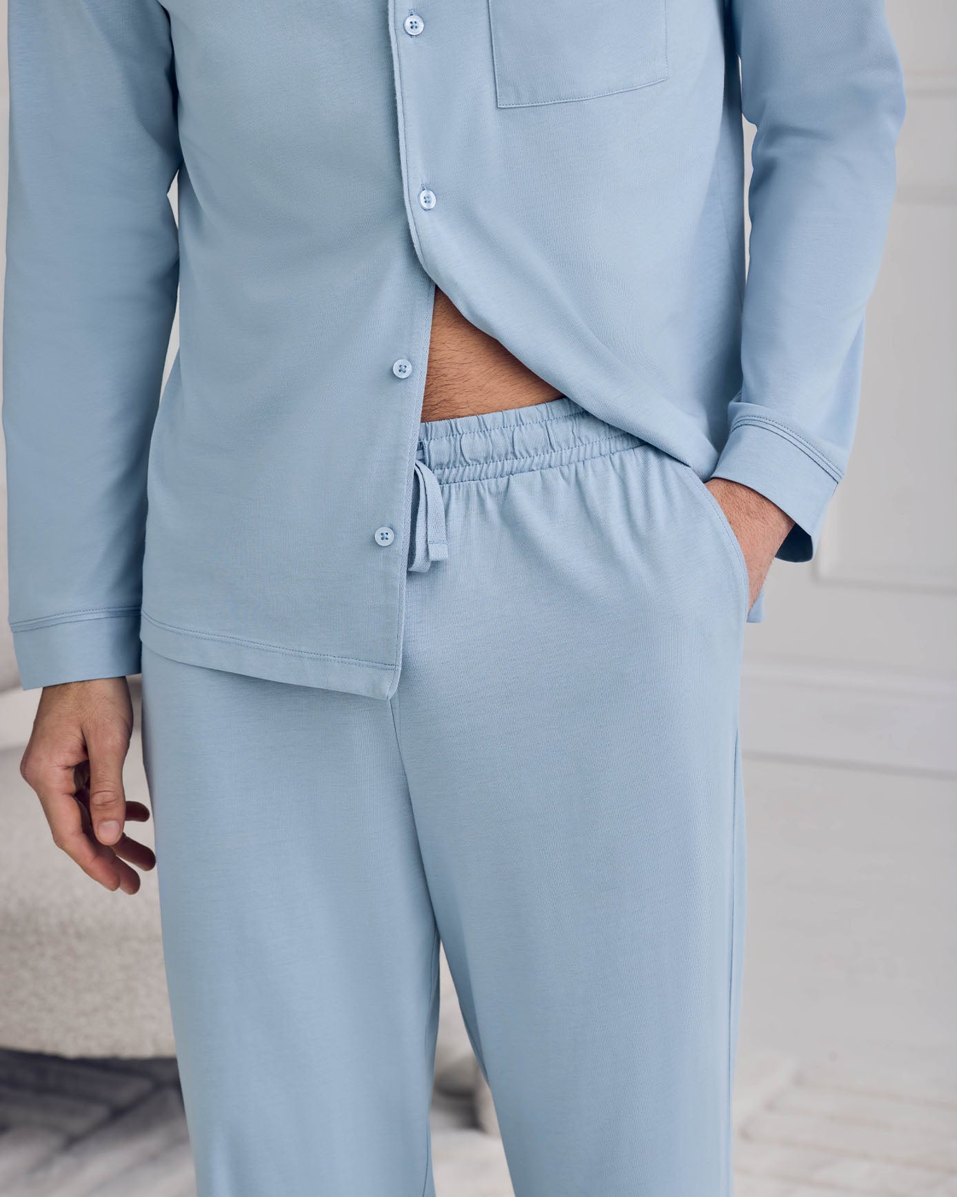Cotton Button Up Long Pyjama Set - Blue